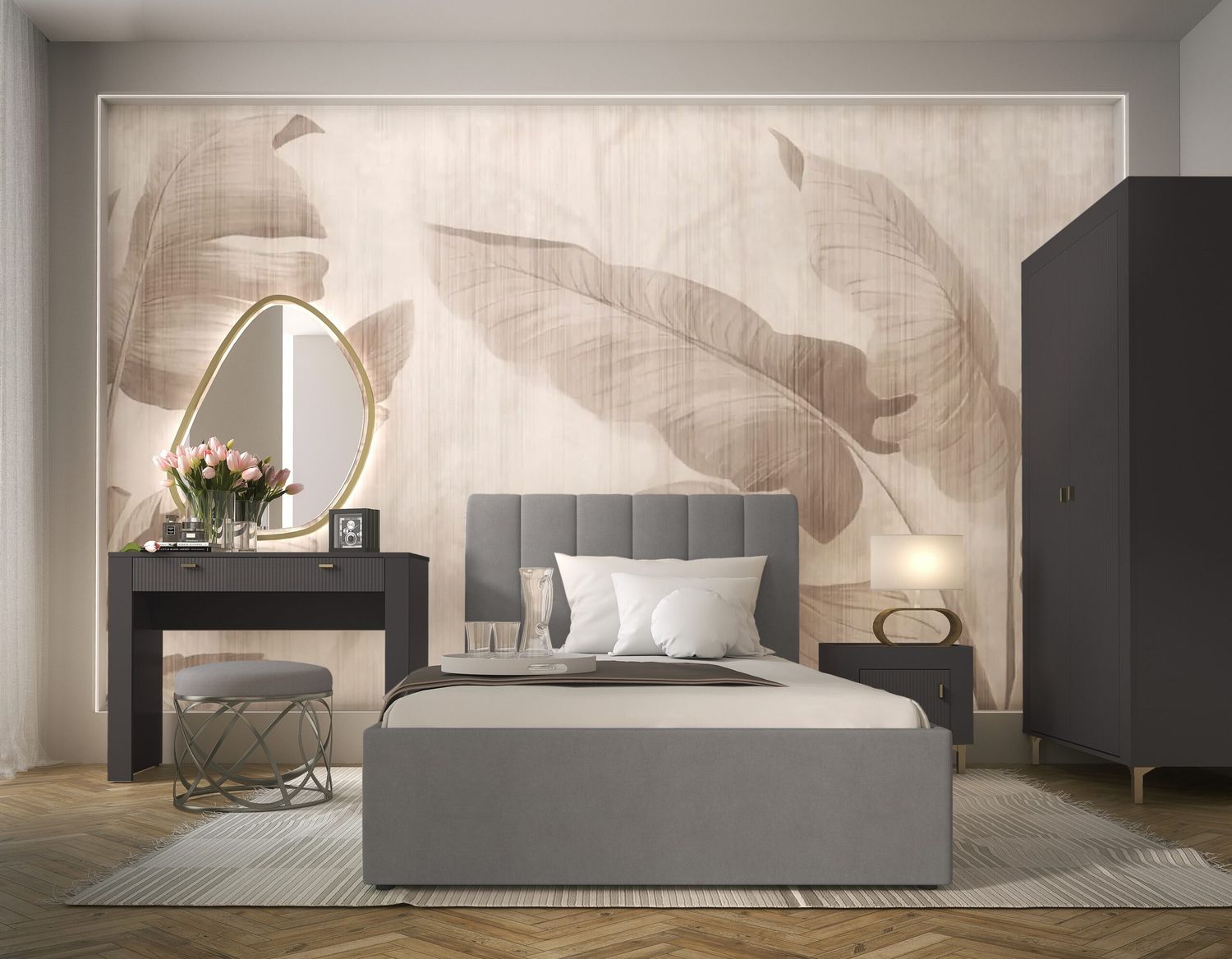 Jugendzimmer Mossa in Anthrazit & Eiche Whisky mit Polsterbett in 120er oder 140er Breite – moderne Komplettsets in verschiedenen Varianten wählbar - 4 teilig , Kleiderschrank 2türig + Polsterbett 120cm + Nachttisch + Schreibtisch Bild 1