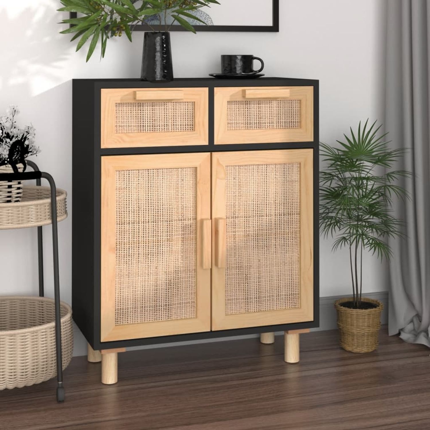 vidaXL Sideboard Schwarz 60x30x75cm Massivholz Kiefer und Natur-Rattan 345637 Bild 1