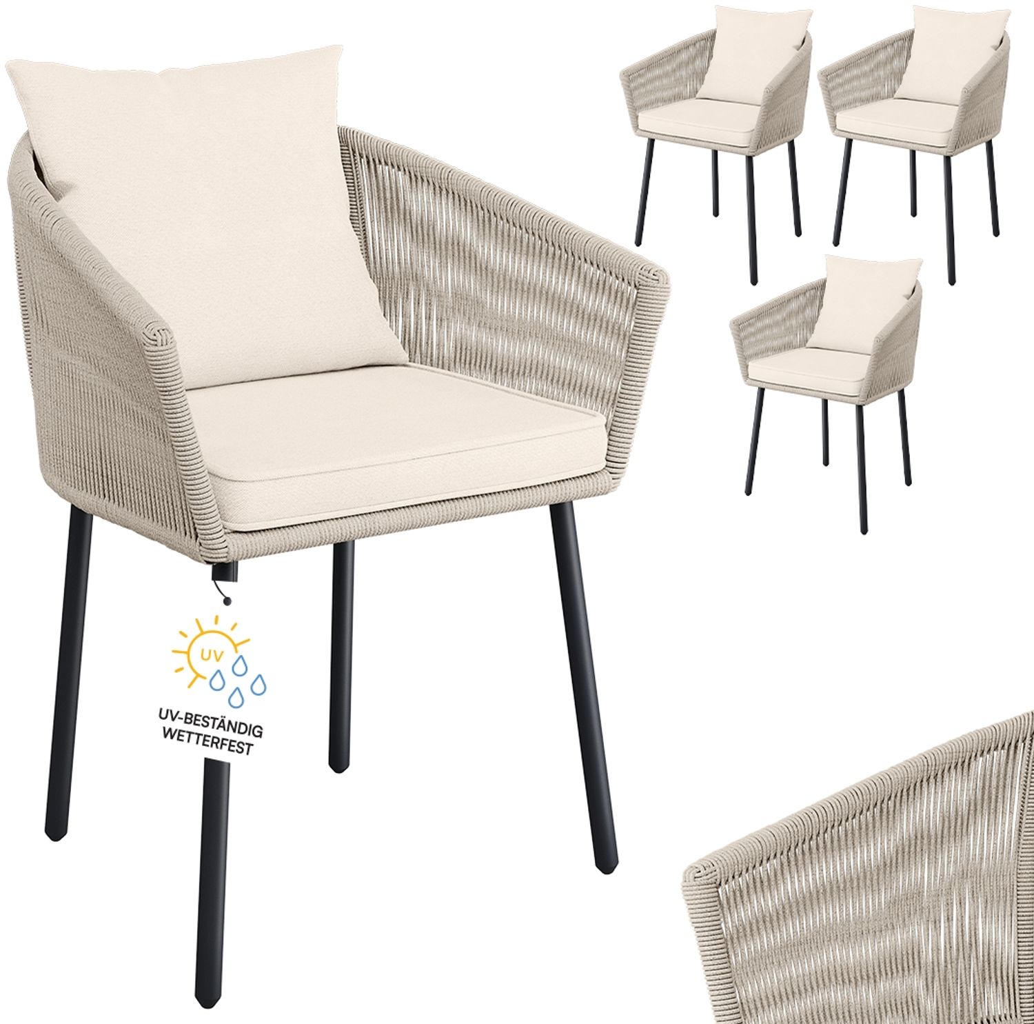 STEELSØN 'Nair' Polyrattan Gartenstuhl, 4er-Set, beige, wetterfest & UV-beständig, Balkonstühle bis 160 kg belastbar, Gartensessel inkl. Kissen Bild 1