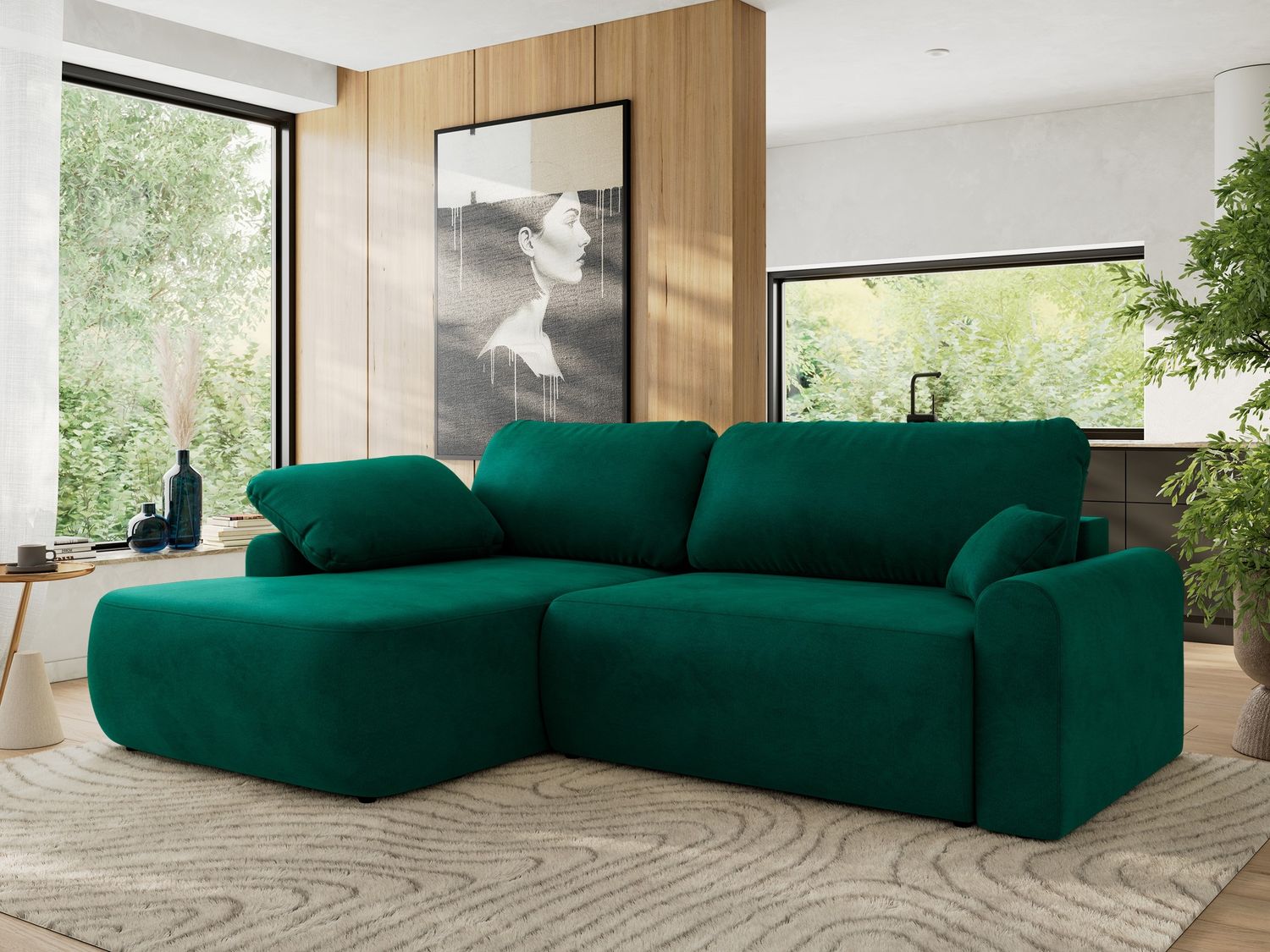 Ecksofa, L-förmiges, lose Kissen, DL-Schlaffunktion, (H 100 x T 187 x B 273 cm) - CUBO L - Velours Dunkelgrün - linke Seite Bild 1