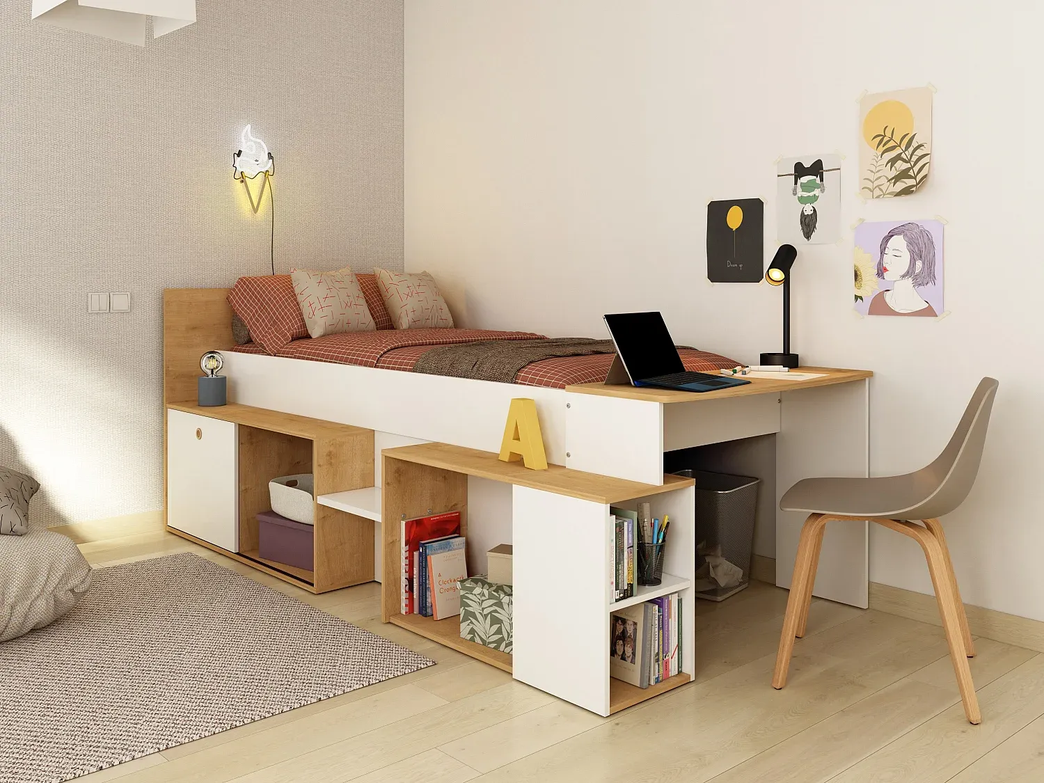 Vente-unique - PALOMA Bett Holz, Platte BeigeWeiß - B 117,6 cm x H 95,5 cm x L 238,9 cm Bild 1