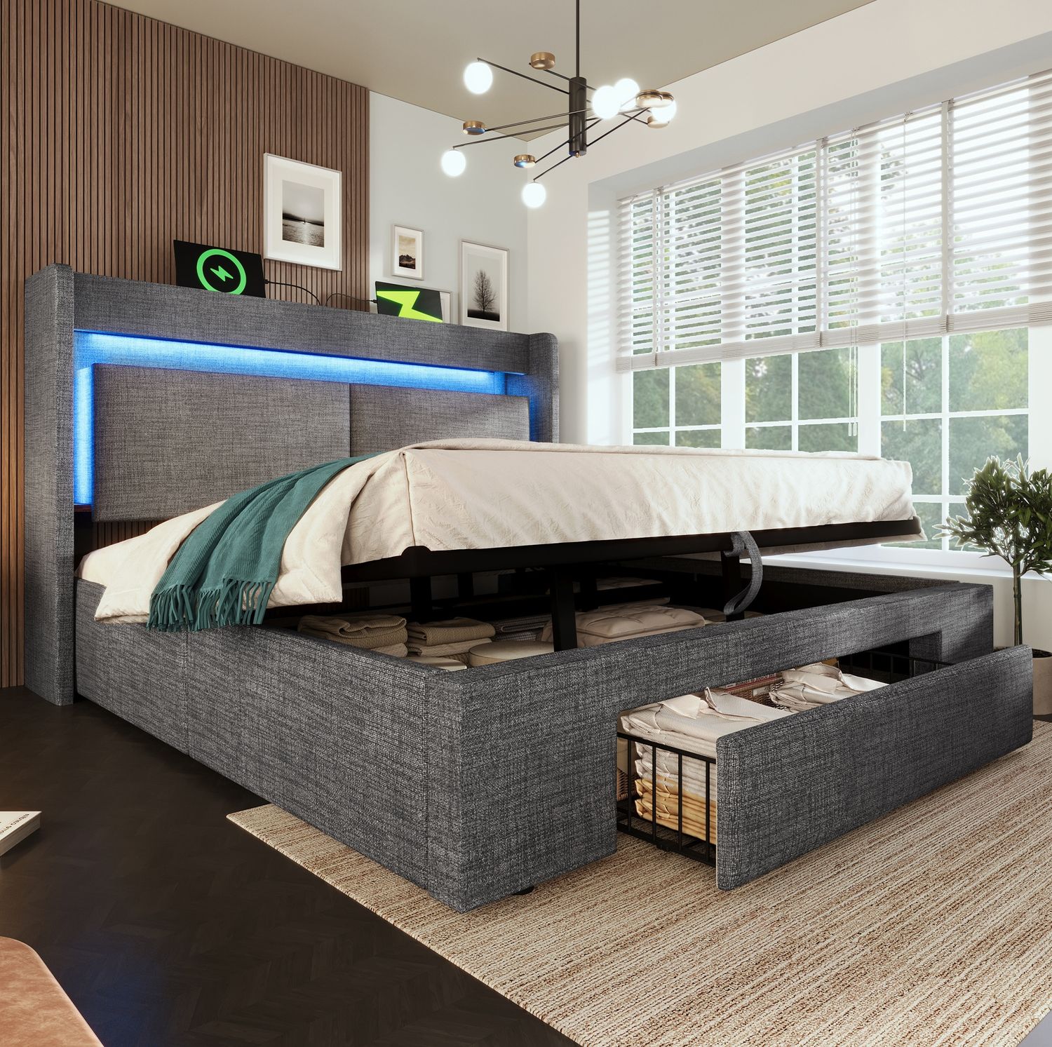 Polsterbett, Leinen mit LED, Stauraum & USB-Anschluss, 160x200 cm, Grau, mit Matratze Bild 1