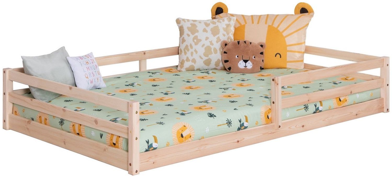 Ticaa Kinderbett, Neo Hausbett Bodenbett mit Rausfallschutz 150kg, inkl. Lattenrost & abnehmbarem Rausfallschutz, 140x200, Natur Bild 1