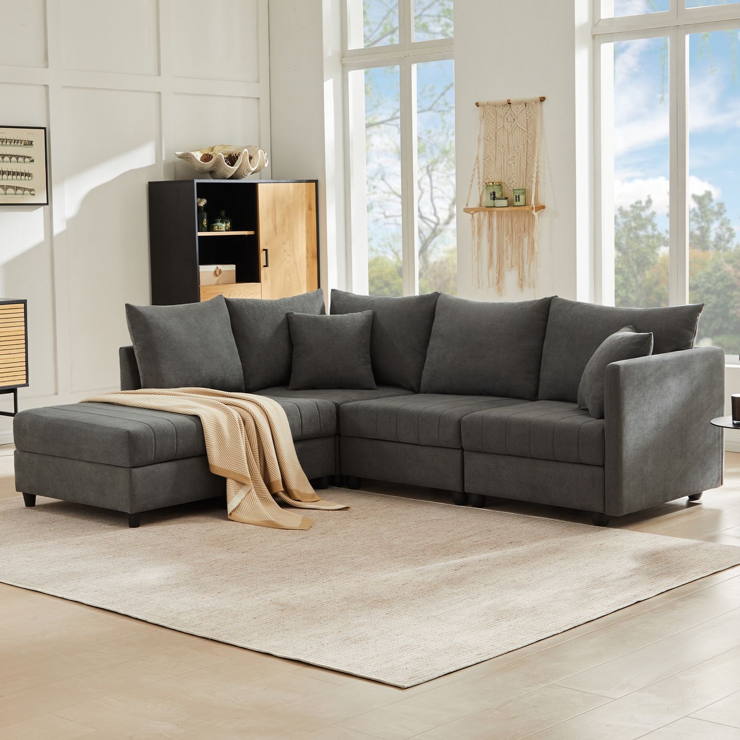Ecksofa 220 x 194 x 85 cm mit Hocker – modulares 5-Sitzer Sofa aus Baumwolle und Leinen in Grau Bild 1