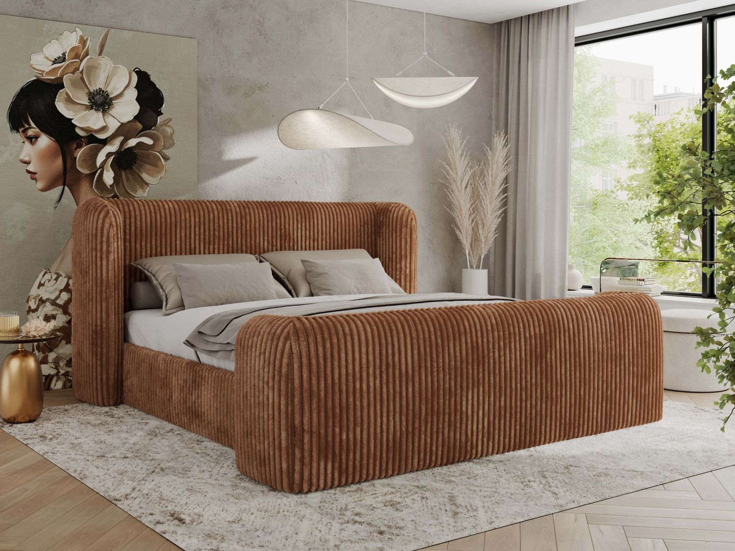Polsterbett mit Lattenrost, Doppelbett für Schlafzimmer, Gepolstertes Kopfteil, Multipocket matratze, Härtegrad H3/H4 - EMORA CLASSIC DUO - 140 x 200 cm - Orange Cord - ELORI - LUX Bild 1