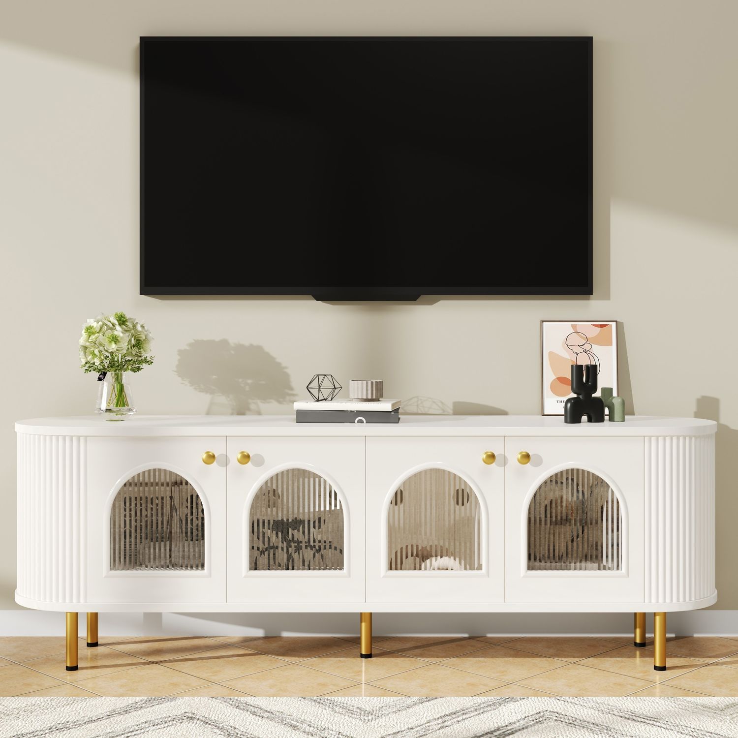 TV-Lowboard aus MDF mit 4 Glastüren & Kabelführung, 170x35x55 cm, Weiß/Gold Bild 1