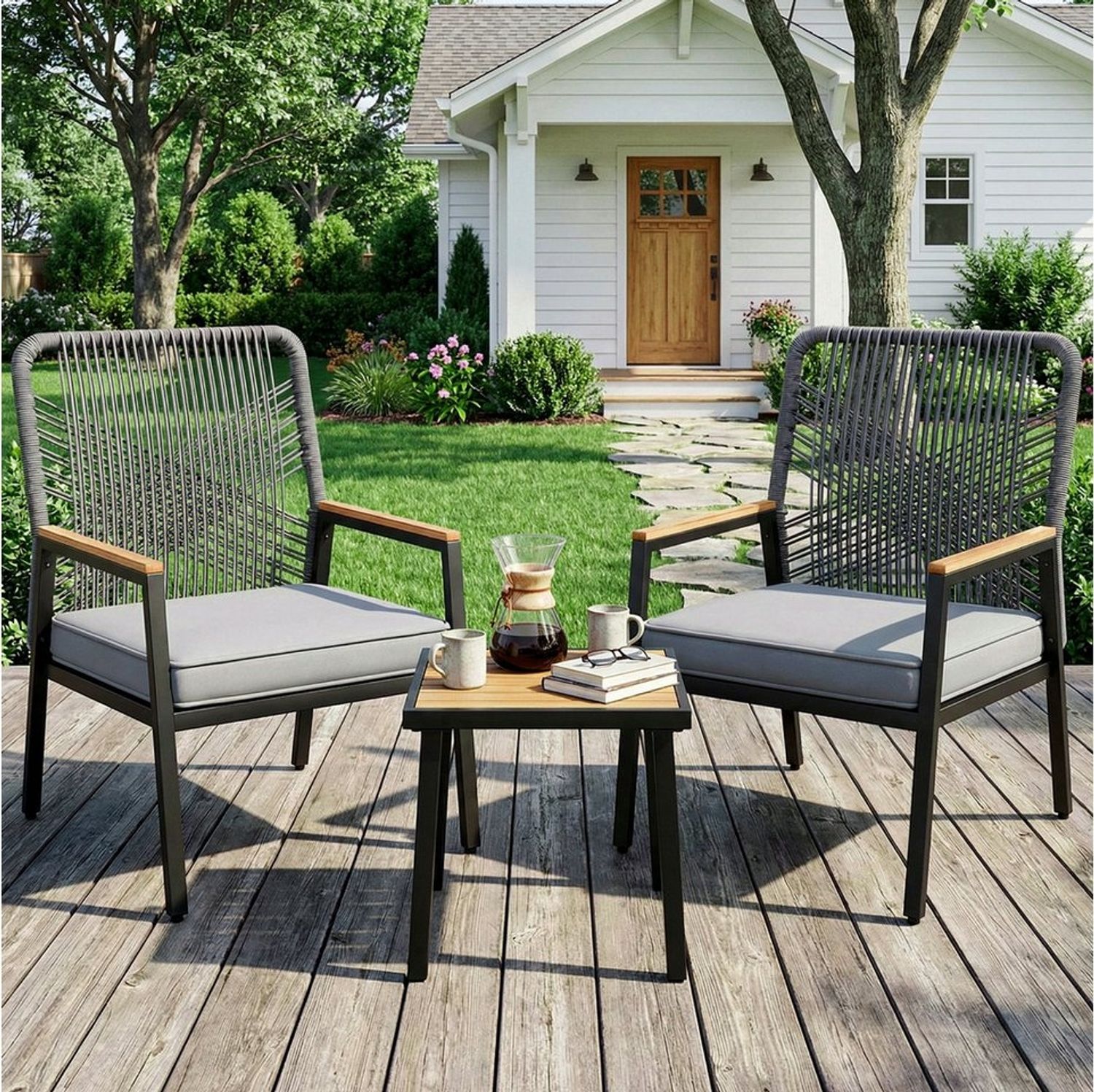 TLGREEN Gartenstuhl Eisen-Rattan Gartensessel,verbreiterter Sitz, (Balkonstühle Metall und Rattan, mit 8 cm dicken Sitzkissen, 3 St), 160 kg Belastbar für Terrasse, Garten und Veranda Bild 1