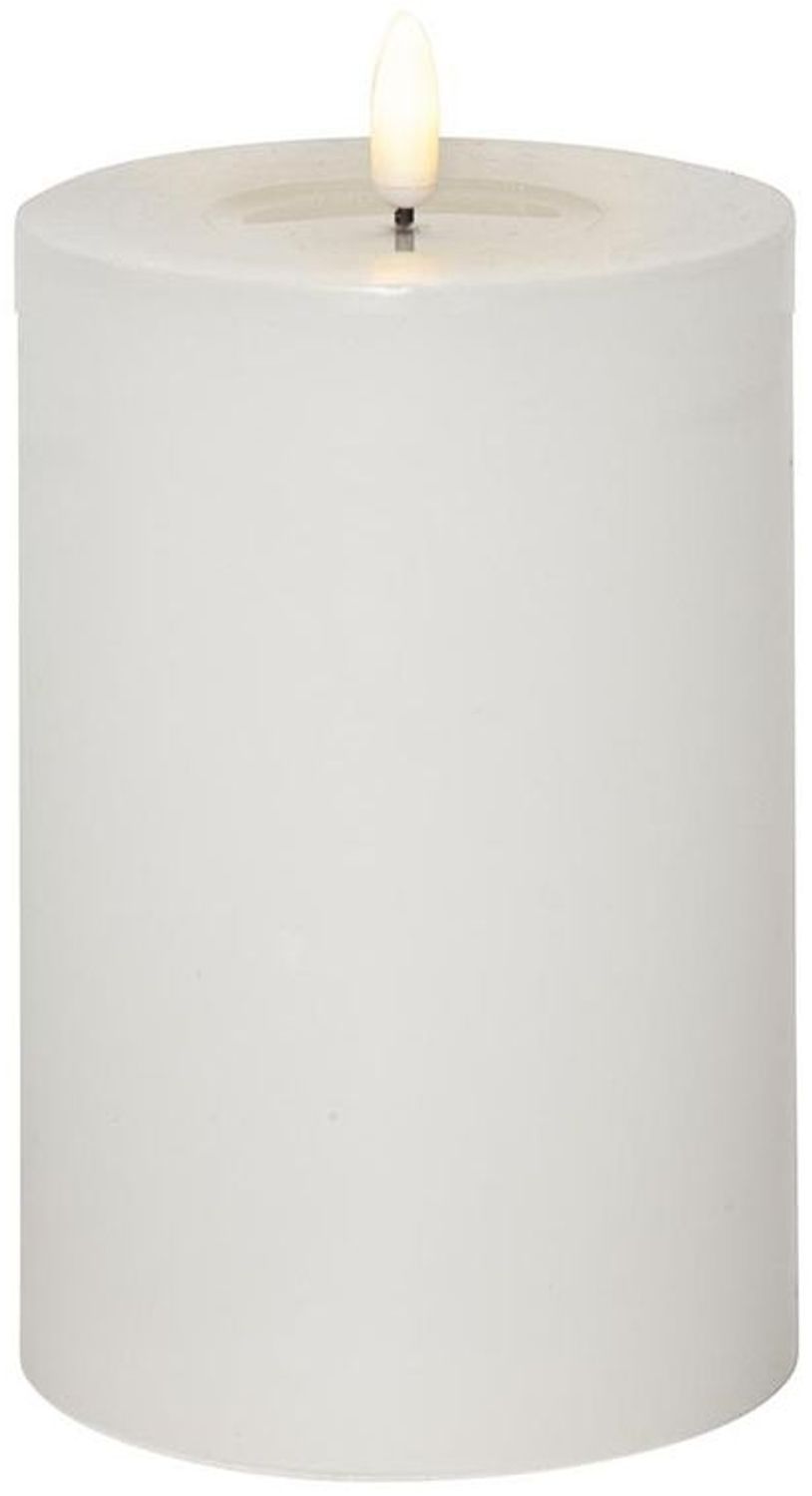 LED Blockkerze ,Flamme Flow' in Weiß, Batterien, Timer, Echtwachs, warmweiß flackernd, H 17cm, Ø 10cm Bild 1