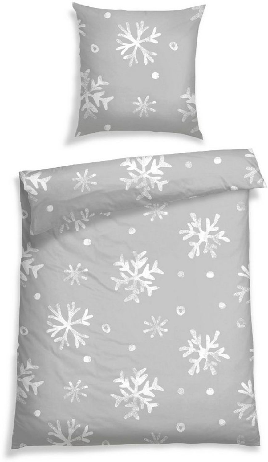 Schiesser Winter Bettwäsche Set Skadi mit weißen Schneeflocken auf superweichem Feinbiber, Farbe:Grau, Größe:155x220 cm Bild 1