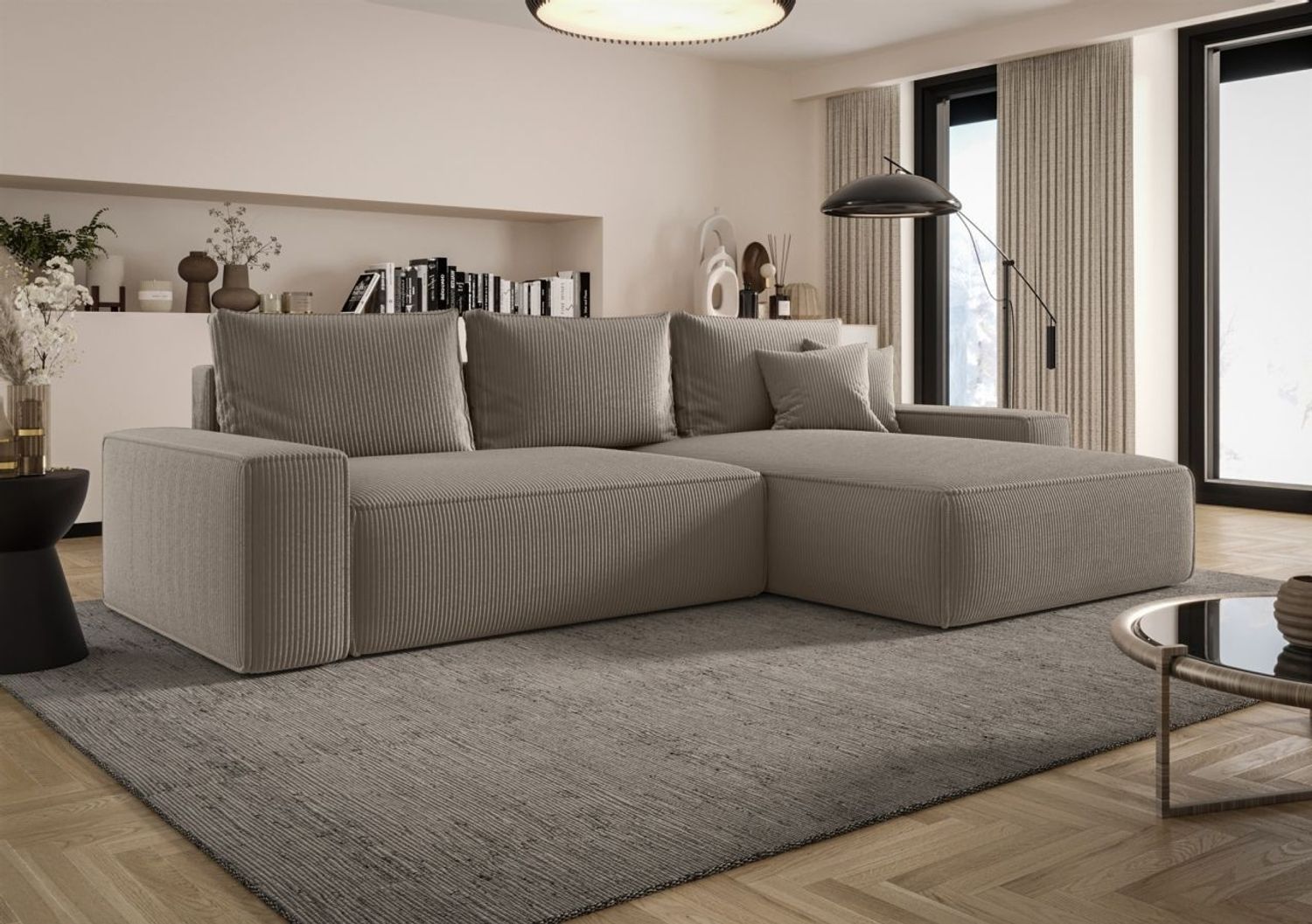 Ecksofa Schlafsofa Sofa WALKEN Stoff Poso Hellbraun Ottomane Rechts Bild 1