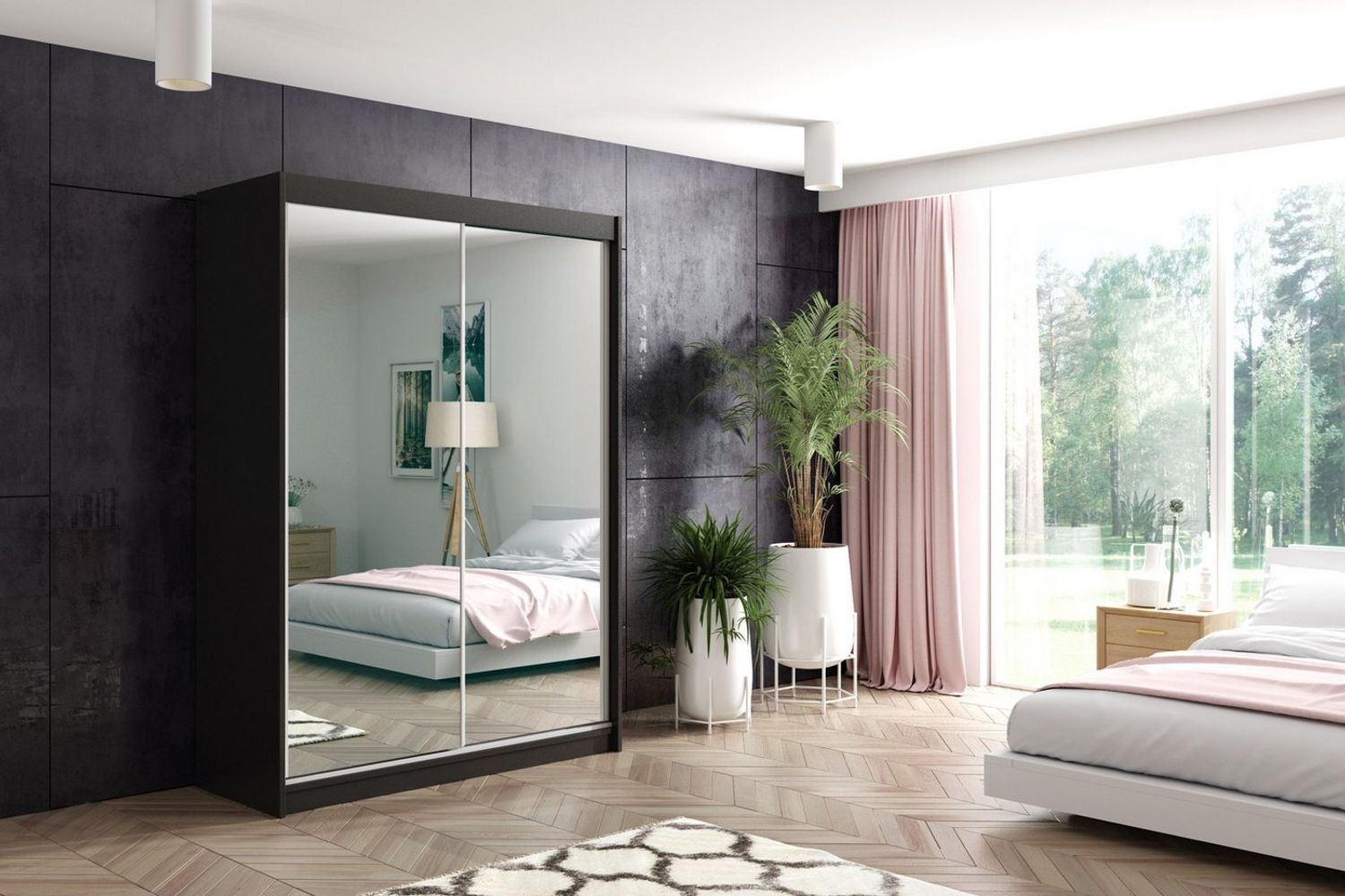 ALTDECOR Schiebetürenschrank DEBI Spiegel Spiegeltüren Vielseitiger Schwebetürenschrank LED Beleuchtung Bild 1
