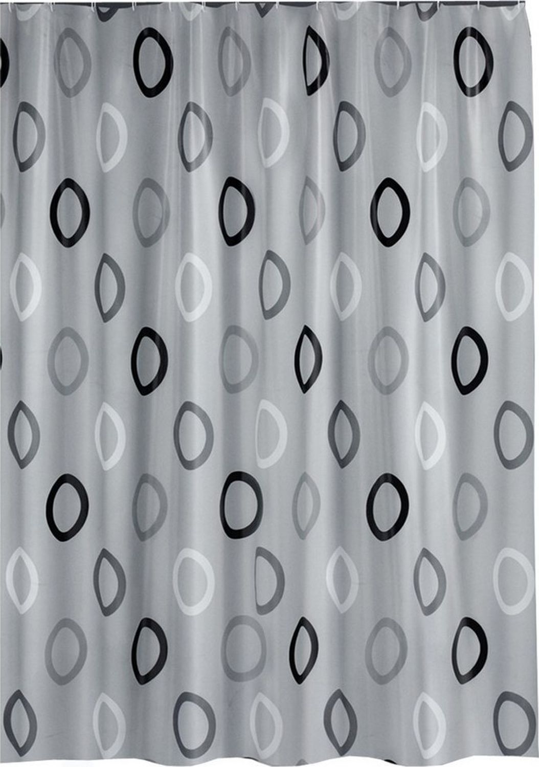 Ekershop Duschvorhang Textil Grau mit Weiß Schwarz Kreisen für Duschstange Breite 180 cm (inkl. Ringe), Höhe 200 cm, wasserabweisend, waschbar, bügelbar Bild 1