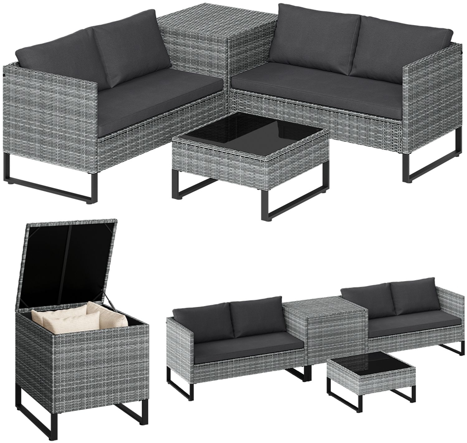 STEELSØN 'Alniyat' Polyrattan Gartenlounge 4-tlg. mit Tisch und Aufbewahrungsbox, grau-meliert/anthrazit, wetterfest, Outdoor Sitzgruppe für 4 Personen Bild 1