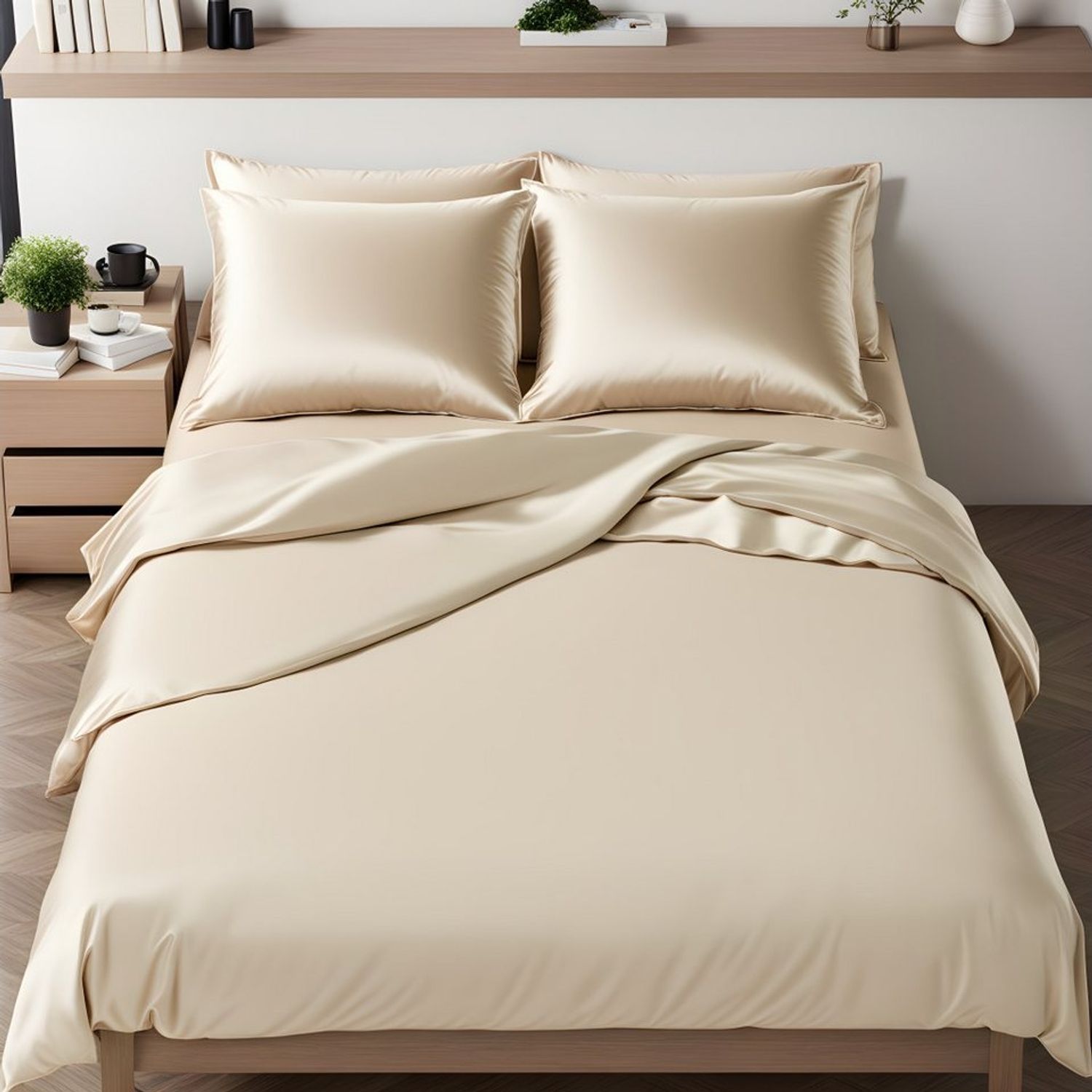 Cozyor Wendebettwäsche, glänzend matt, Satin & Mikrofaser, Beige, 200x200 cm + 2x Kissenbezug 40x80 cm Bild 1