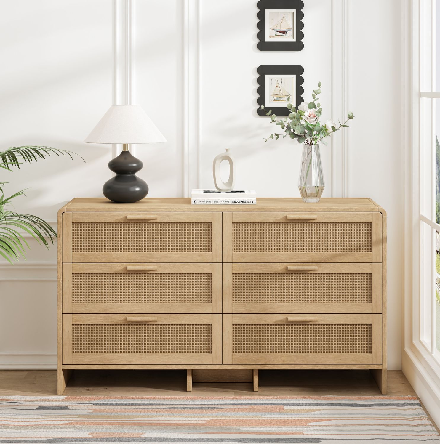 Bogenförmiger Ecken-Schrank mit 6 Rattan-Schubladen, natur, 130x40x74 cm Bild 1