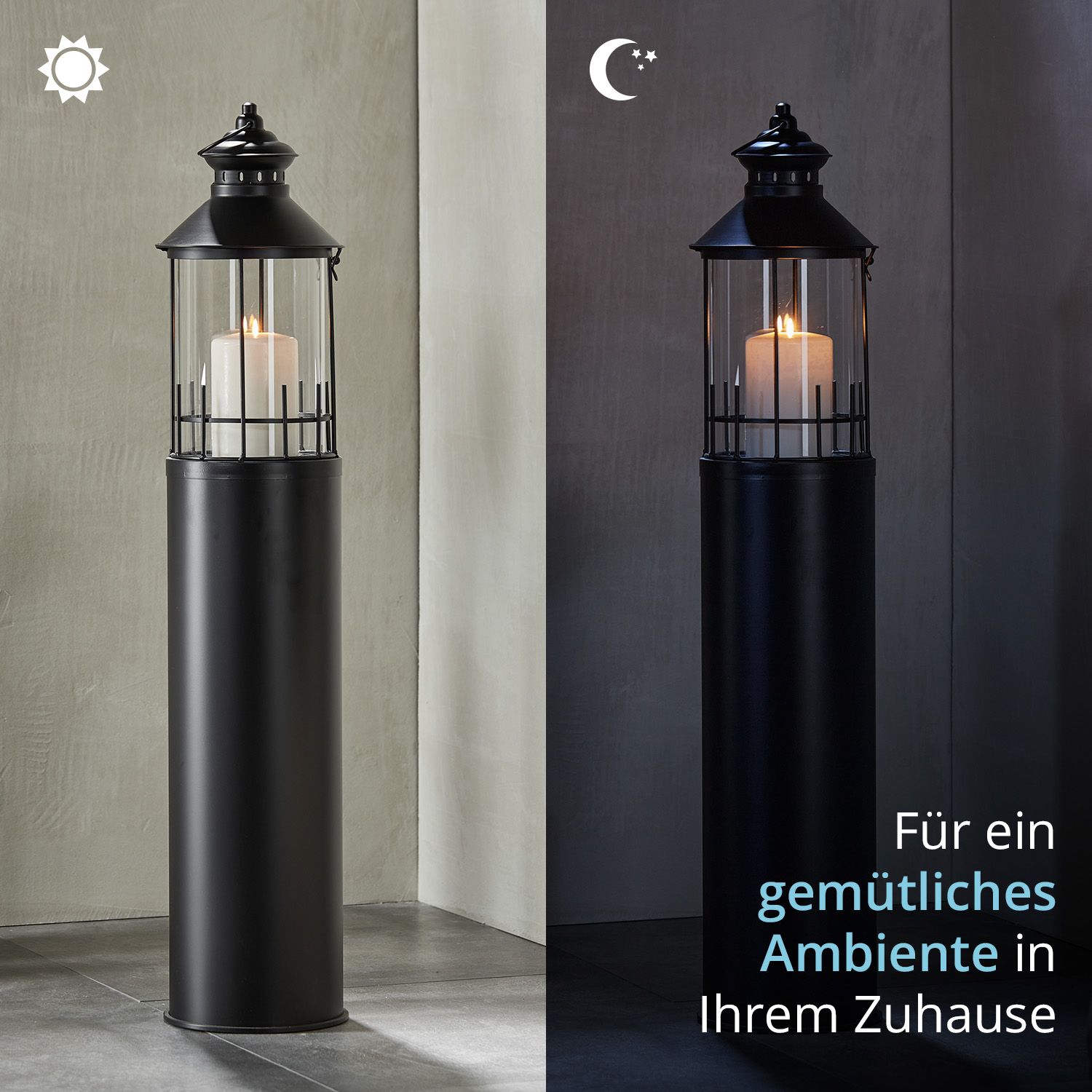 KHG Laterne Leuchtturm 99 cm aus Metall/Glas in schwarz, Kerzenständer, Kerzenhalter, Outdoor und Indoor, Deko, Glaseinsatz, für Wohnzimmer, Balkon, Terrasse, Garten usw. Bild 1