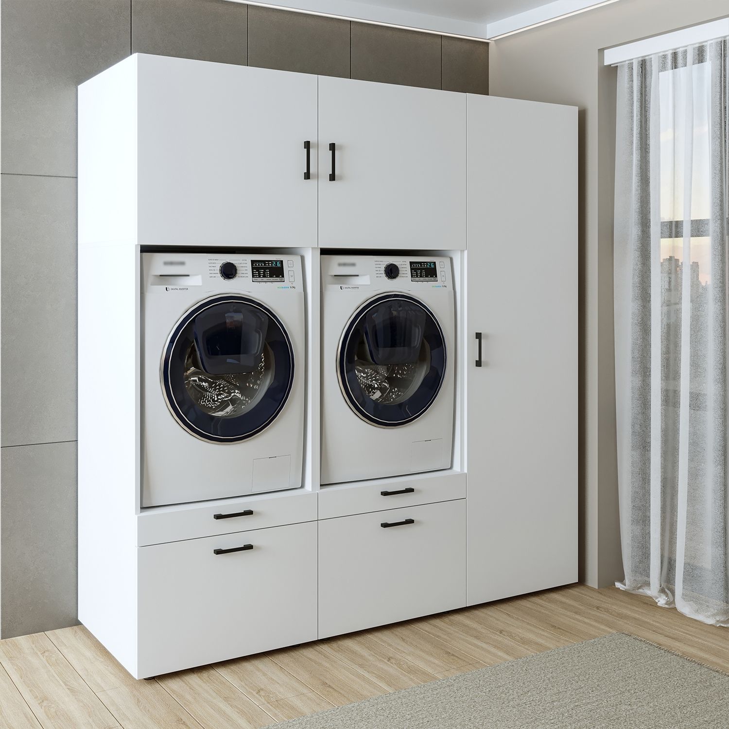 Roomart Waschmaschinenschrank Doppelschrank – SERIE 2 – 194 cm breit, Überbauschrank für Waschküche & Hauswirtschaftsraum – 205 cm hoch – mit Ausziehbrett & Schubladen – • Weiß Bild 1
