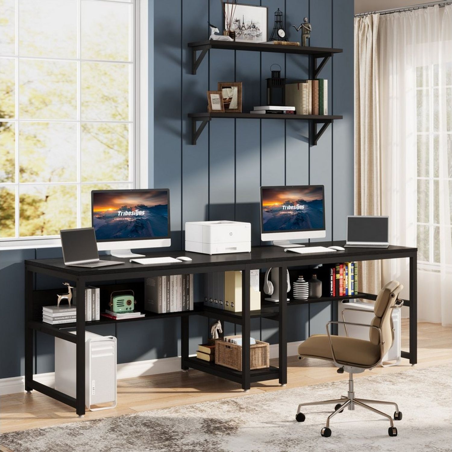 Tribesigns Doppelschreibtisch Schreibtisch, Computertisch mit Regalen, 200 cm Bürotisch Bild 1