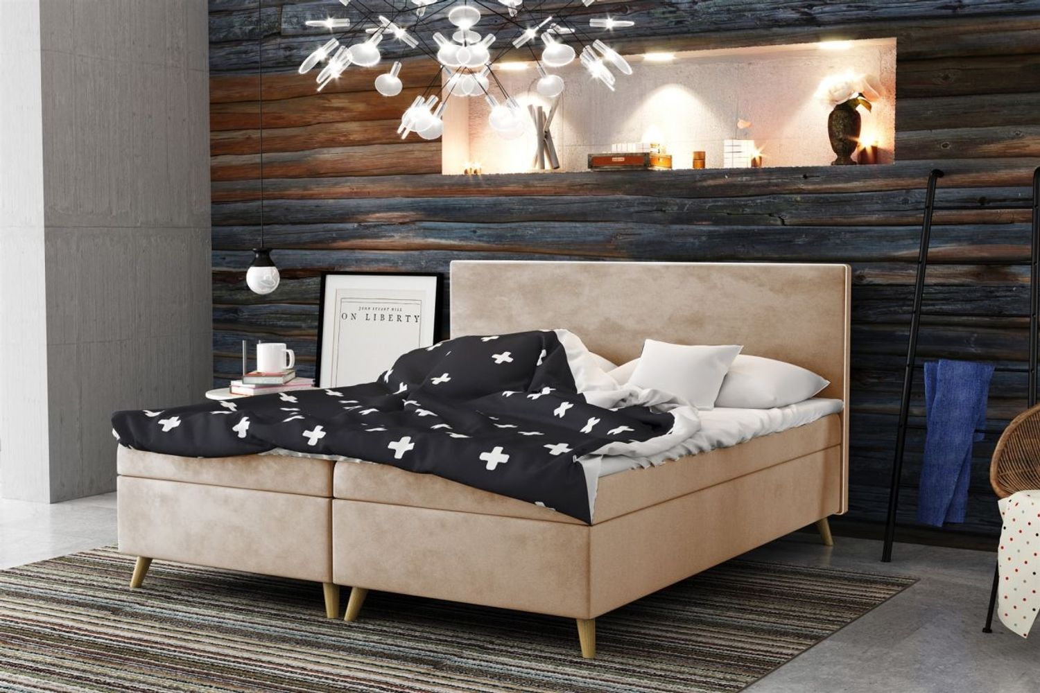 Boxspringbett Schlafzimmerbett Sileno 180x200cm in Stoff Riviera Creme Bild 1