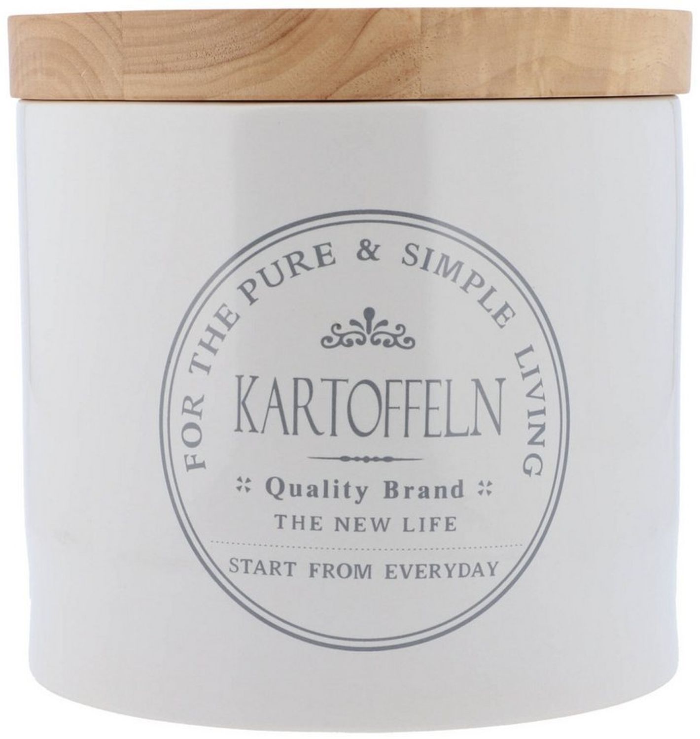 KHG Kartoffeltopf Keramik Steingut Weiß Holzdeckel Bambus, Kartoffel Aufbewahrung, Kapazität 10 Liter, Kartoffelbehälter rund, atmungsaktive Luftlöchern & Beschriftung, spülmaschinengeeignet Bild 1