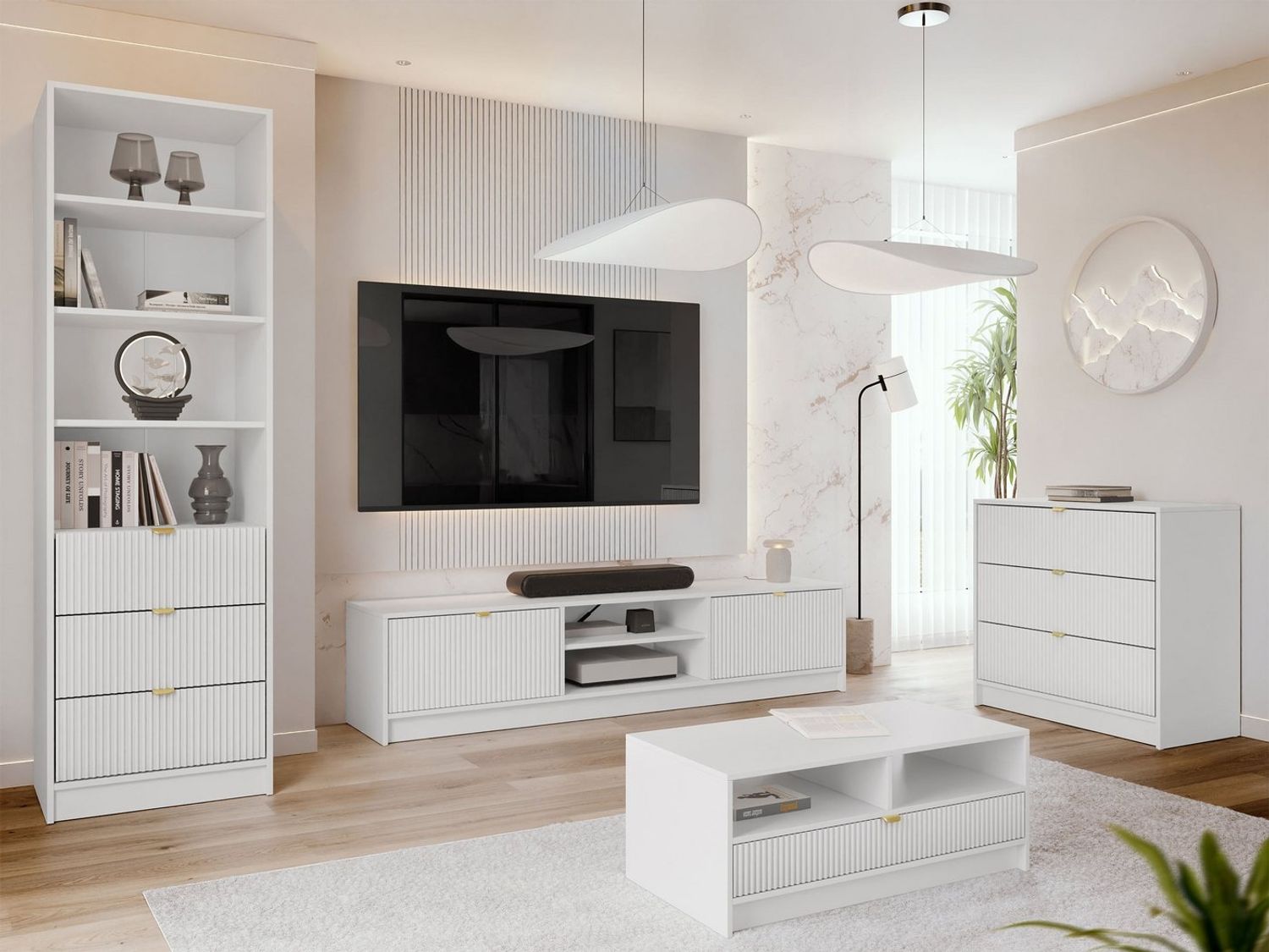 MIRJAN24 Wohnzimmer-Set Tireno VII, (4er-Set, Kommode, TV-Lowboard, Regal, Couchtisch), Aluminiumgriffe in der Farbe Gold Bild 1