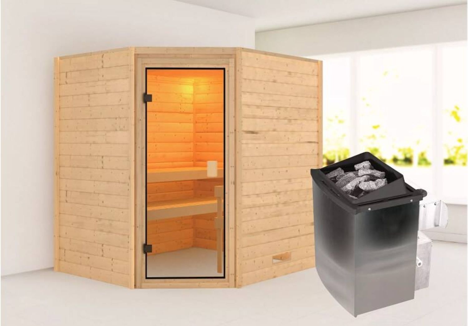 Karibu Elea Ecksauna + 9kW Saunaofen mit integrierter Steuerung Bild 1