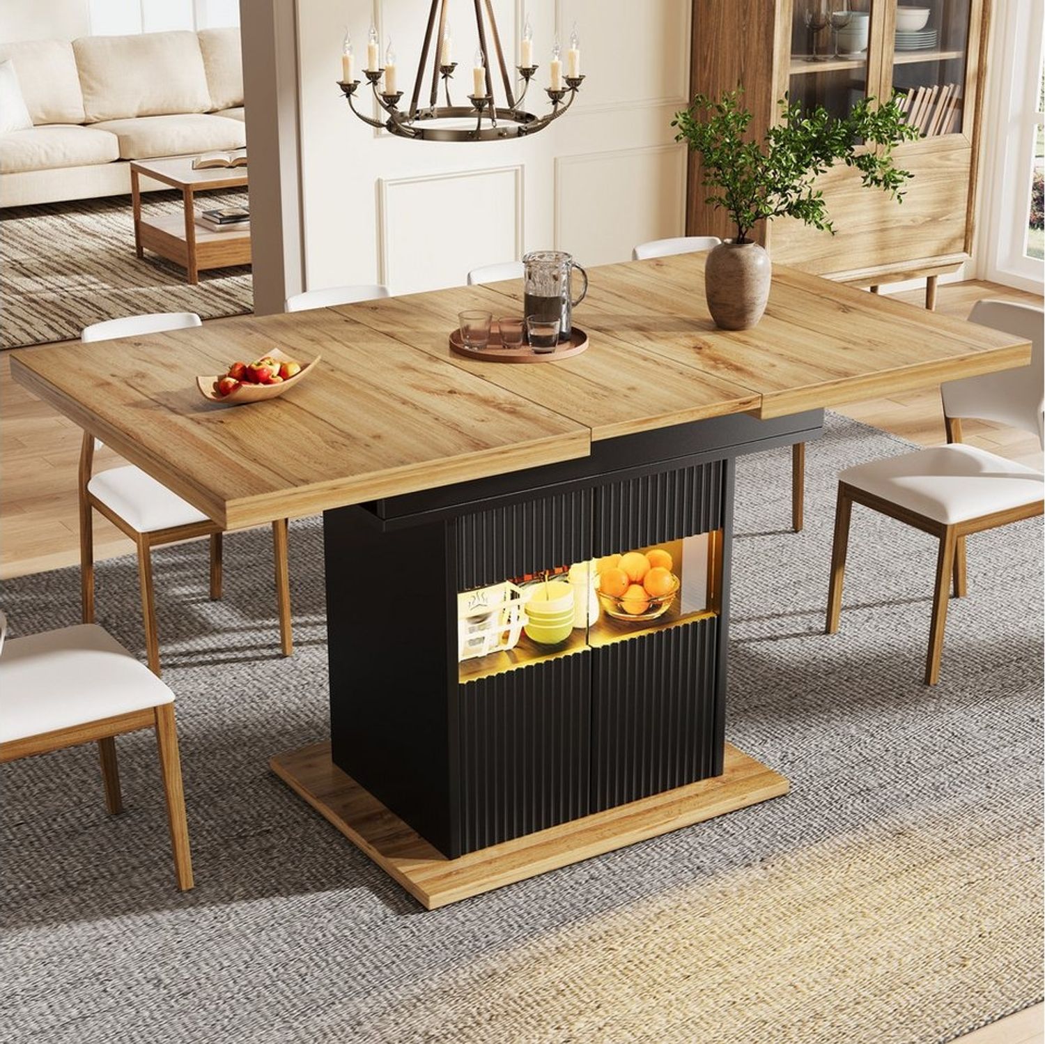 Flieks Esstisch ausziehbar Küchentisch mit LED-Beleuchtung (erweiterbare Tischplatte in Holzoptik, Länge110-140 x 80 x 76 cm, 1-St, 1 Tisch), rechteckig Arbeitstisch mit 2 Glastüren und verstellbaren Einlegeboden Bild 1