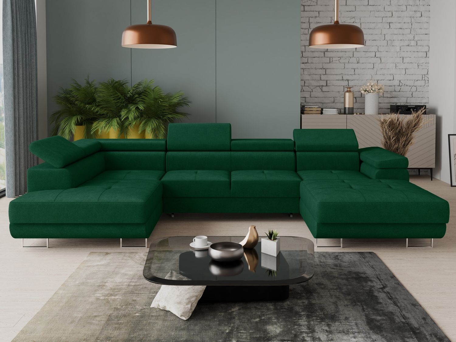 Wohnlandschaft Caris U mit Schlaffunktion, einstellbare Kopfstützen und zwei Bettkästen (Grün (Kronos 19), Ecksofa Rechts) Bild 1