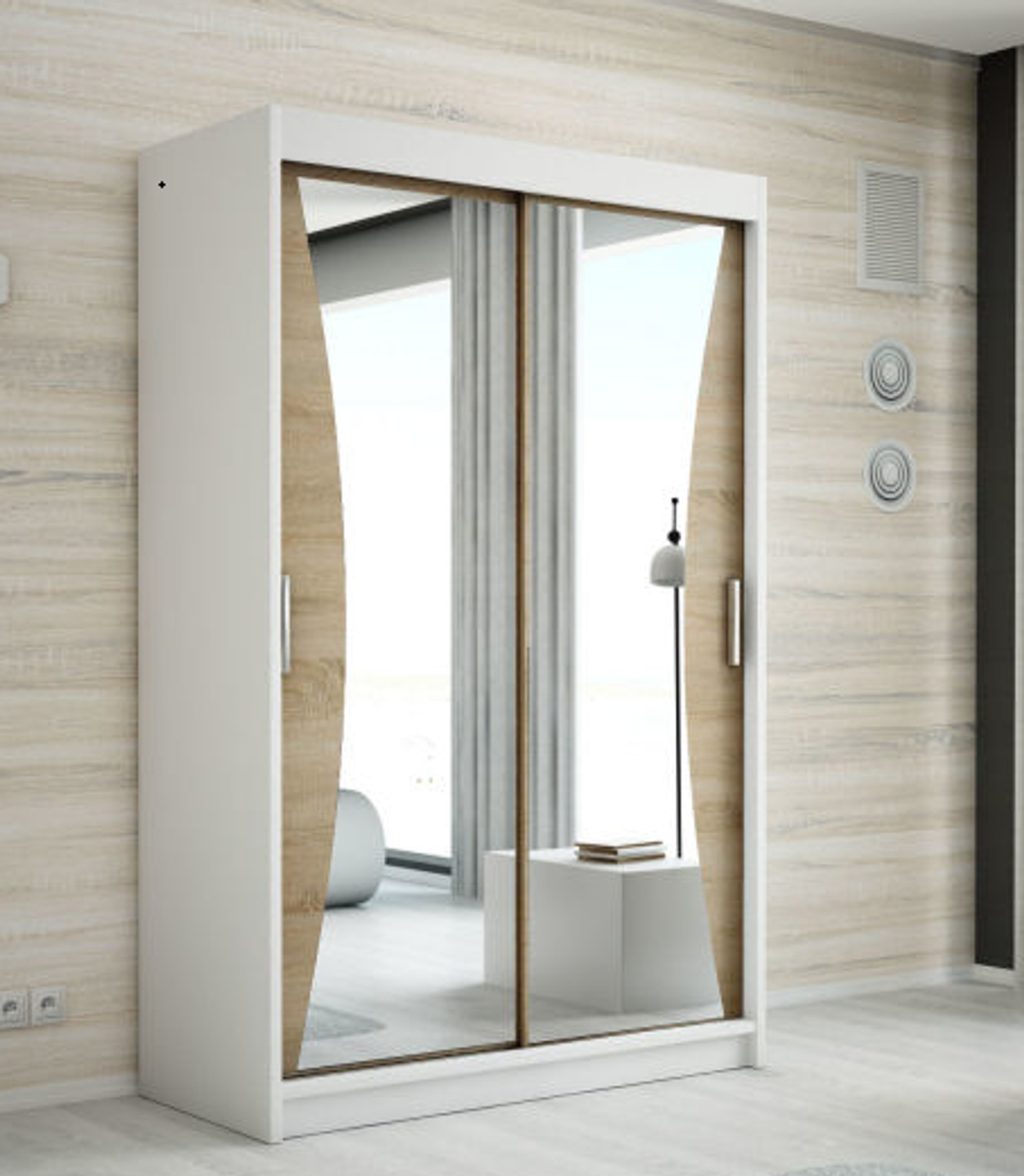 Schwebetürenschrank NIKO 2-türig Schrank 120 cm (mit Spiegel) Farbe: Weiß , sonoma Bild 1