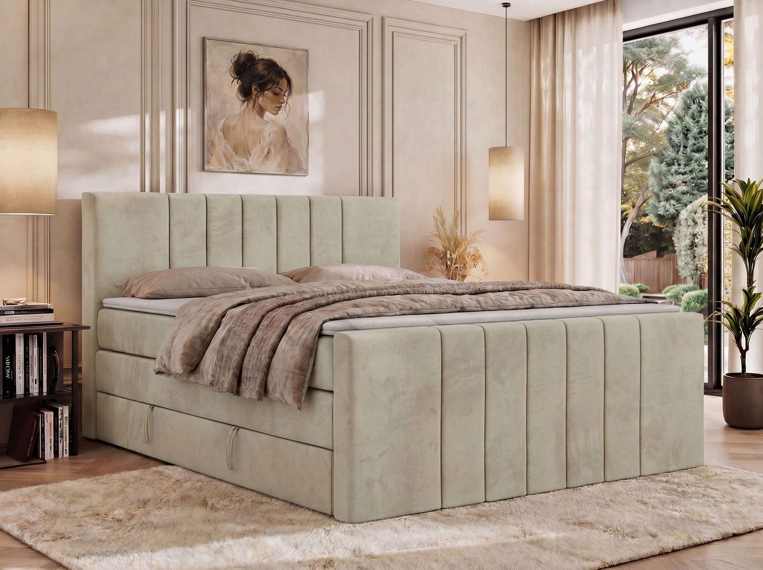 Boxspringbett INERO KING DUO mit Stauraum, Doppelbett 140x200, Bett mit Multipocket-Matratze H4 und Topper T25, modernes Boxspringbett, hohe Kopfteil - Beige Velvet Bild 1