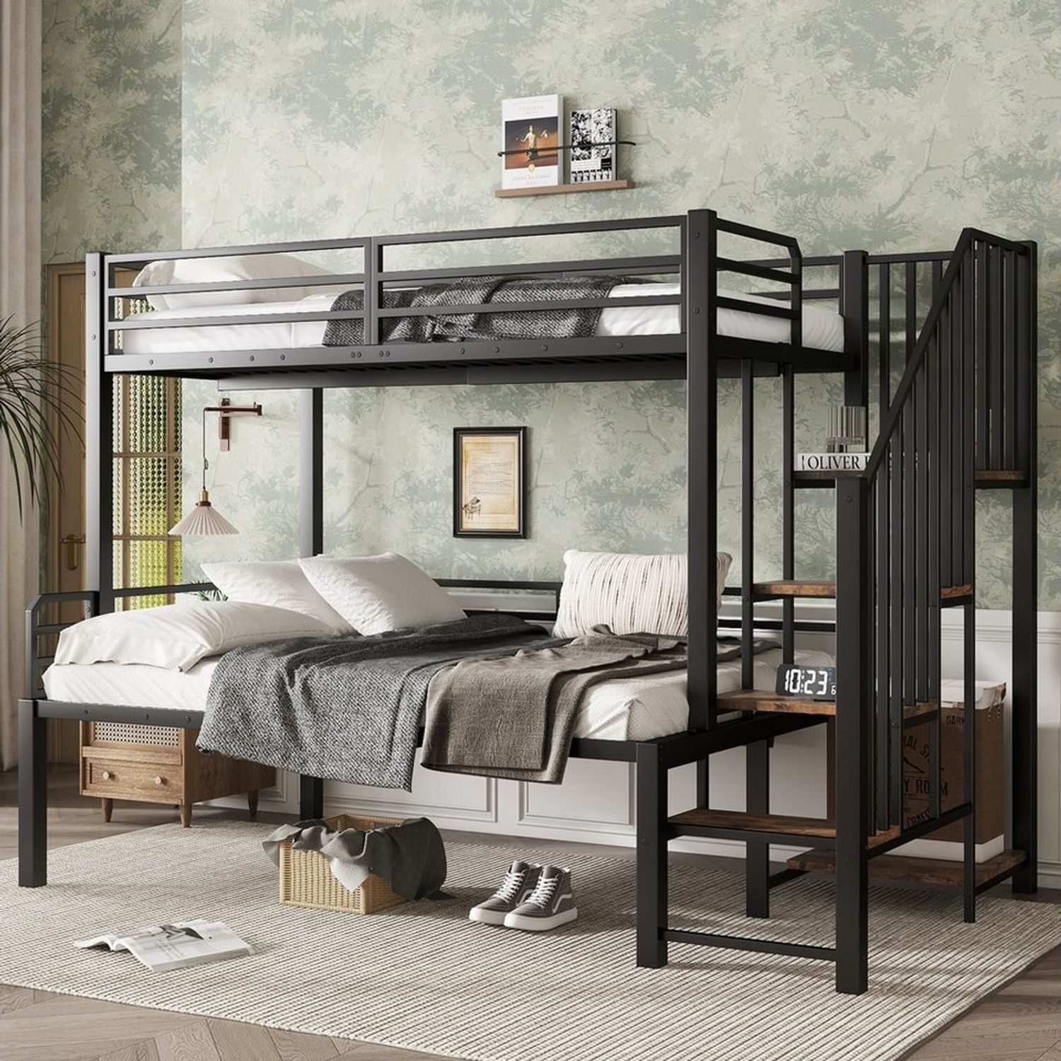 Merax Etagenbett 90x200cm & 120x200cm (Jugendbett Doppelbett Stockbett, 1-St), Metallbett Kinderbett mit Ecktreppe Ablageböden Schutzzaun Stauraum Bild 1