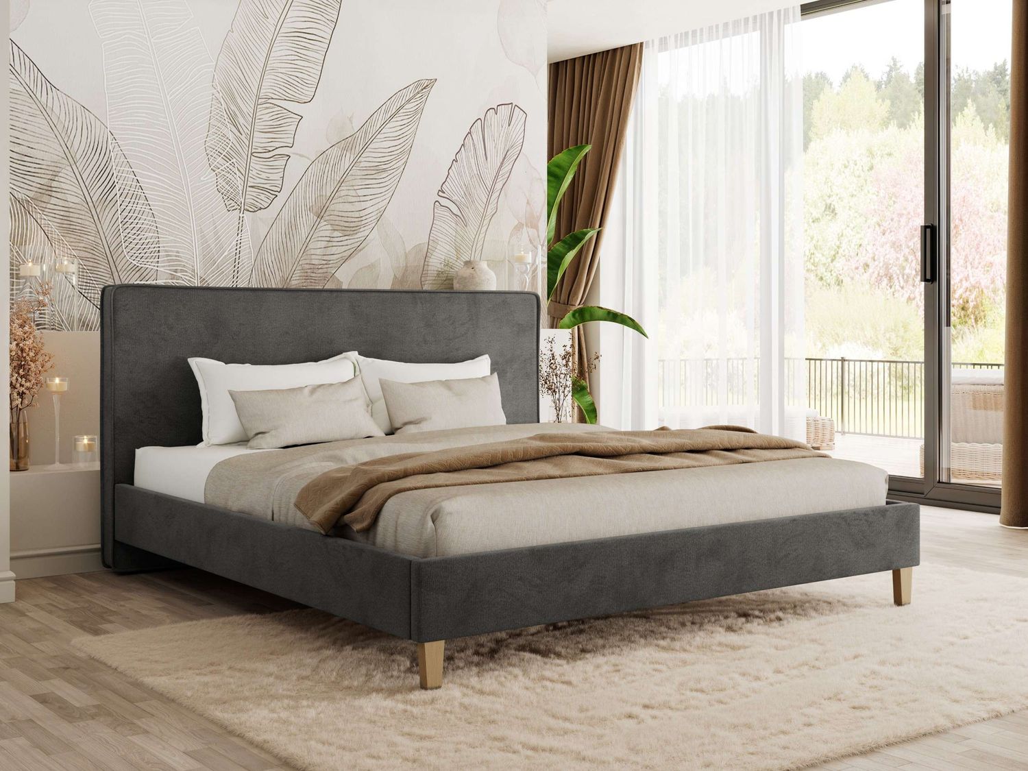 Design Polsterbett LUMARO CLASSIC 140 x 200 cm mit Lattenrost & 12cm hohen Füßen, Doppelbett mit Kopfteil, Konfigurierbar, Pocket Matratze - Dunkelgrau Velvet - VIRE LUX Bild 1