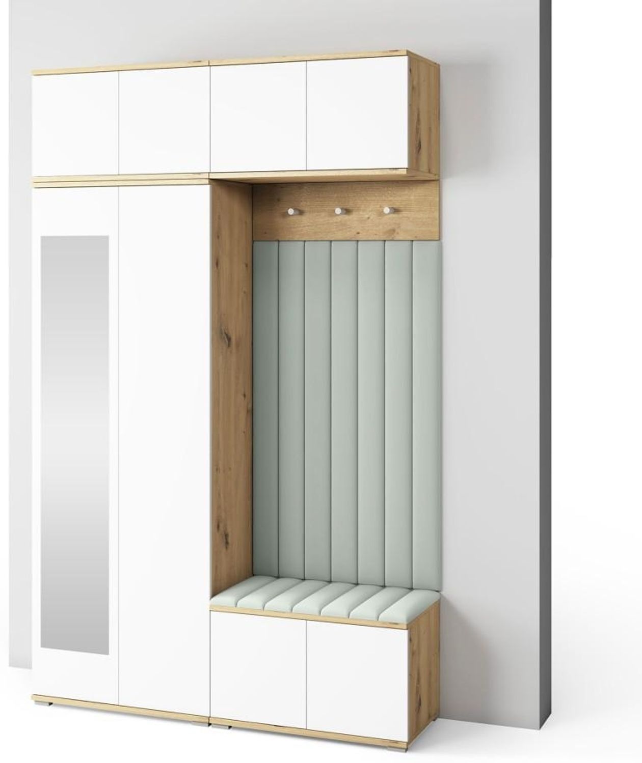 Garderoben-Set Aura Version 9: Kleiderschrank mit Polsterpaneelen, Schuhschrank Flur und Eingangsbereich (weiß/Artisan-Eiche /Trinity 21), 225cm x 40 x 140 cm Bild 1