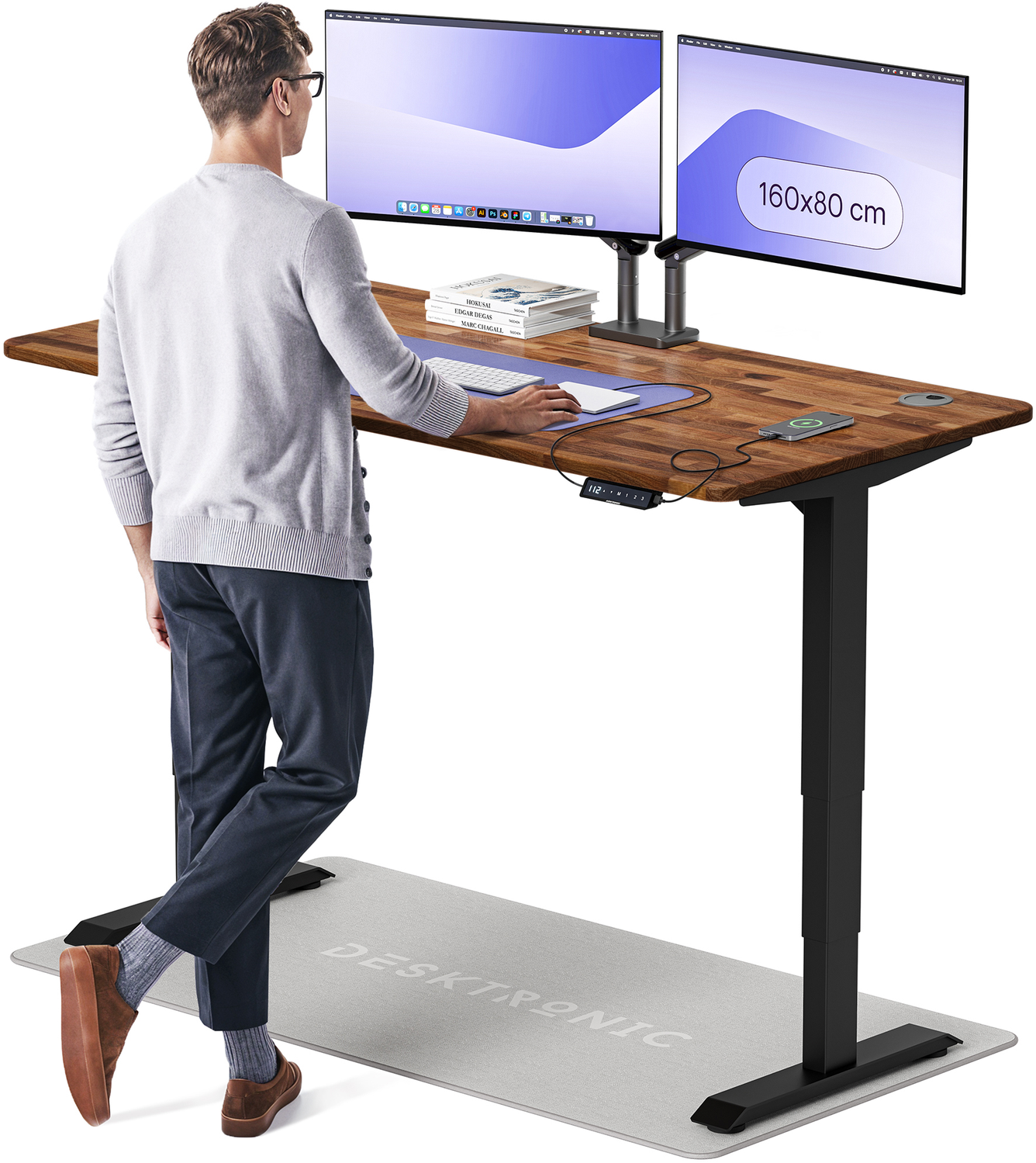 Desktronic HomePro Elektrisch höhenverstellbarer Schreibtisch 160x80cm Massive Walnuss/Schwarz mit Memory-Funktion, Anti-Kollisions Technologie, USB-A und USB-C-Ladeanschlüssen Bild 1