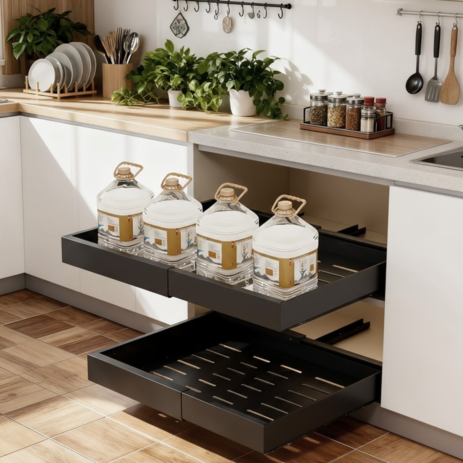 Home Nature Wohnkonzept Teleskopschublade für Küchenschrank, 2er Set, Ausziehschublade mit Klebehalterung ohne Bohren, 52 x 42 x 7,5 cm, ausziehbarer Organizer aus Karbonstahl, Vielseitig für Küche und Bad, Schwarz Bild 1