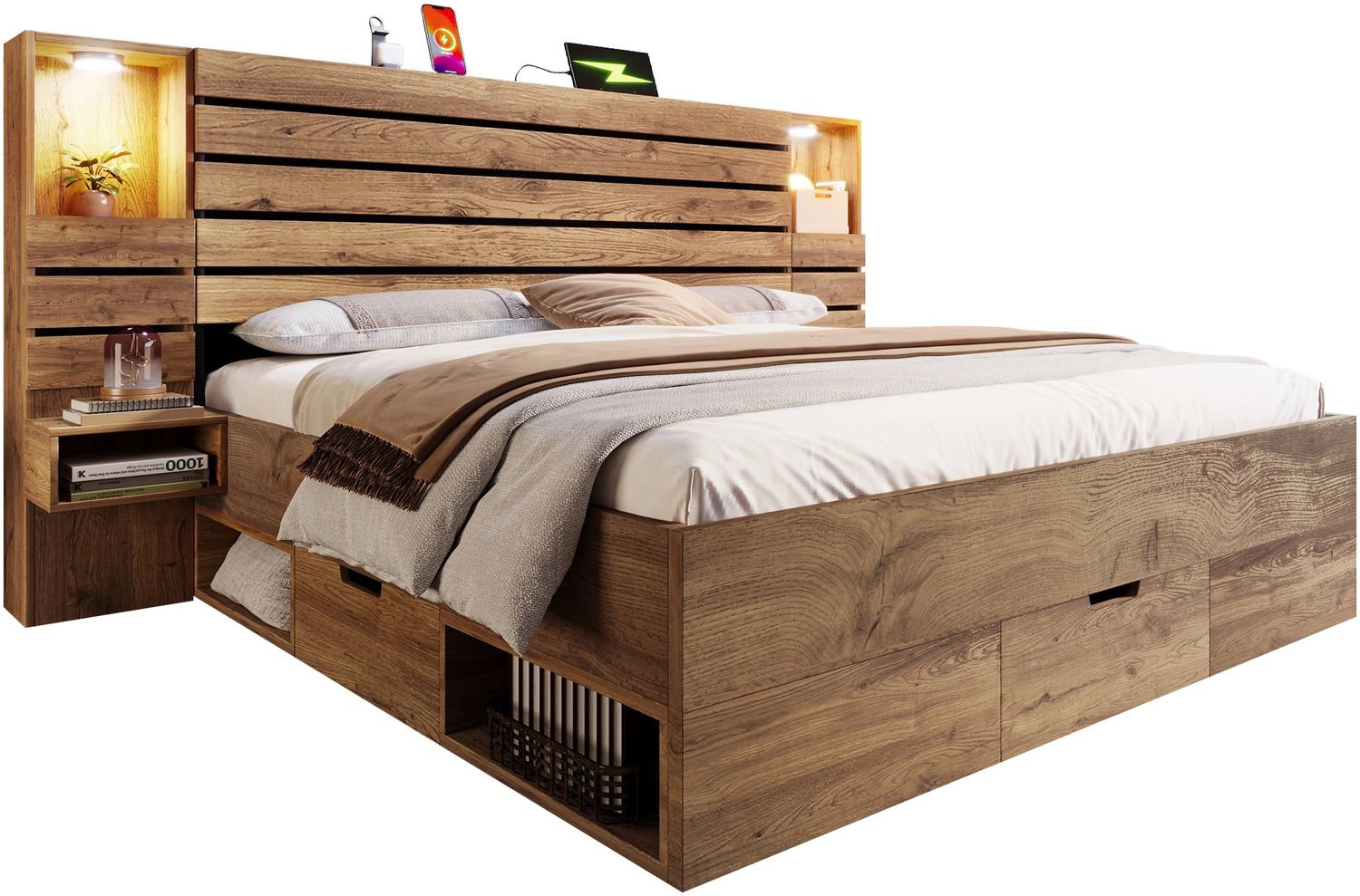 Holzbett Doppelbett 160×200cm Eichenoptik mit LED-Downlights, integrierter USB & Type-C Ladestation, beleuchtete Nische, schwebende Nachttische, Unterbett-Schubladen Stauraum, stabiler Metallrahmen ohne Matratze Bild 1