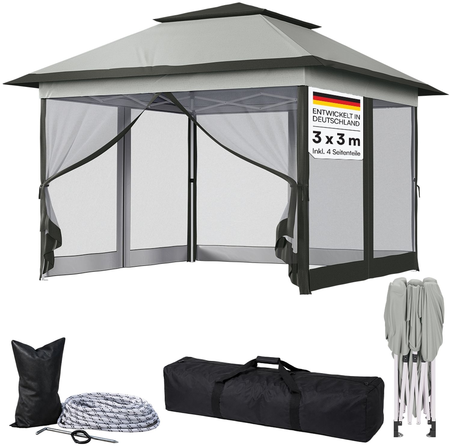 STEELSØN 'Xanaris' Pavillon 3,3x3,3 m, grau, wasserdicht, stabil und UV-beständig, Faltpavillon 3-fach höhenverstellbar, Gartenpavillon mit Doppeldach und 4 Seitenteilen, Pop Up Pavillon inkl. Tragetasche Bild 1