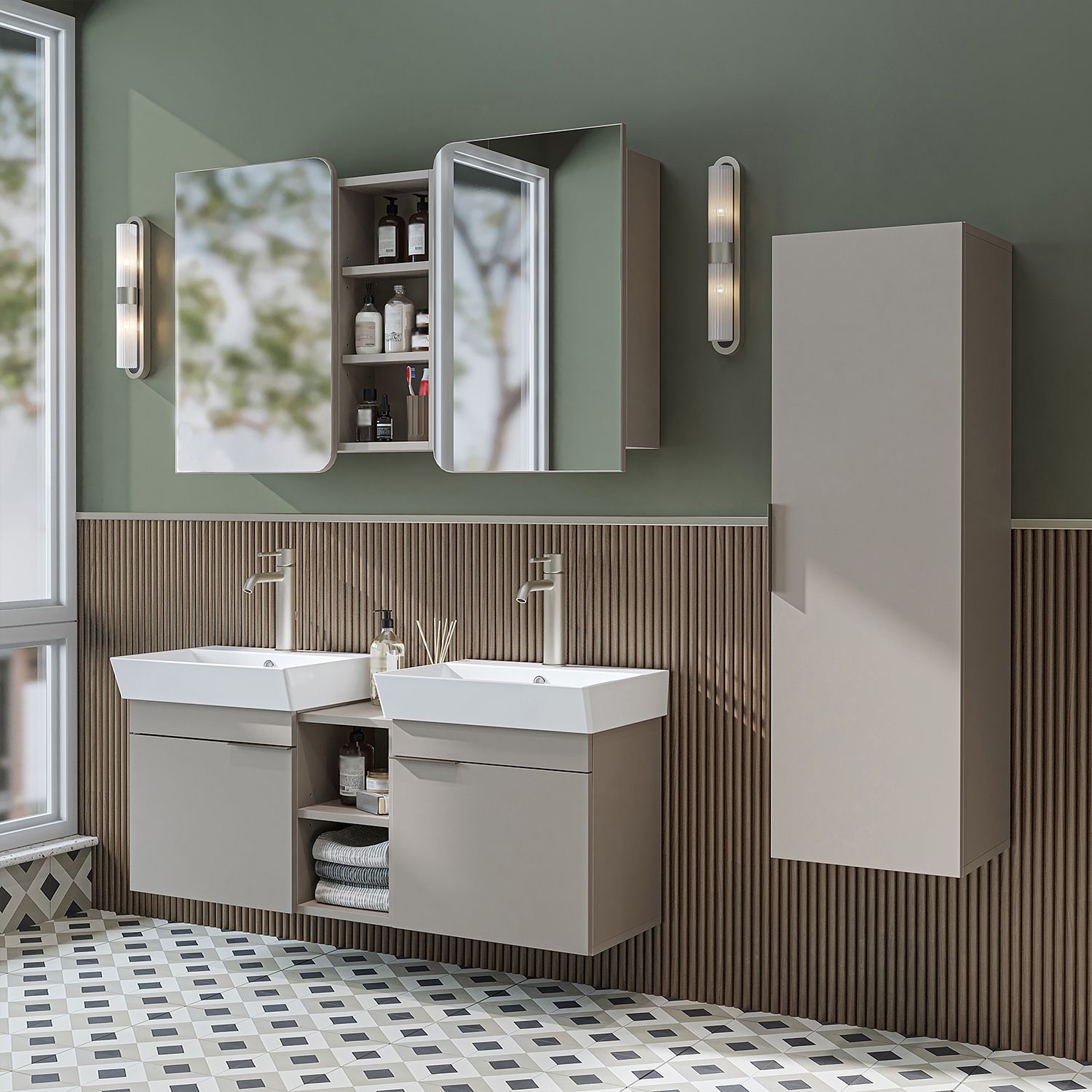 Roomart LYCIA-120 Badmöbel Set– 2-teiliges Badezimmermöbel Set - Waschbecken mit Unterschrank - H 54 x B 38.6 x T 121 cm • Beige Bild 1