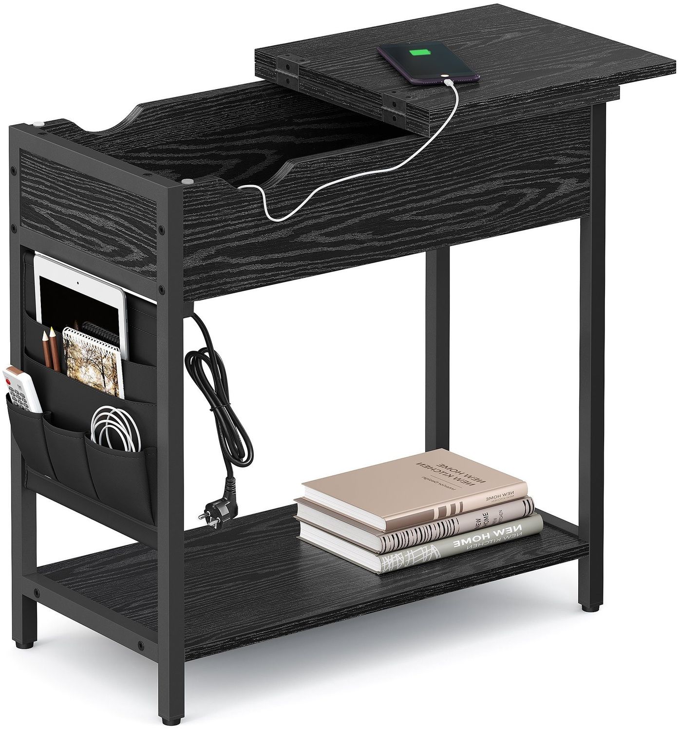 Vasagle Beistelltisch mit Steckdose und USB-Anschlüssen, Spanplatte schwarz mit Holzmaserung, 60 x 31,5 x 60 cm Bild 1