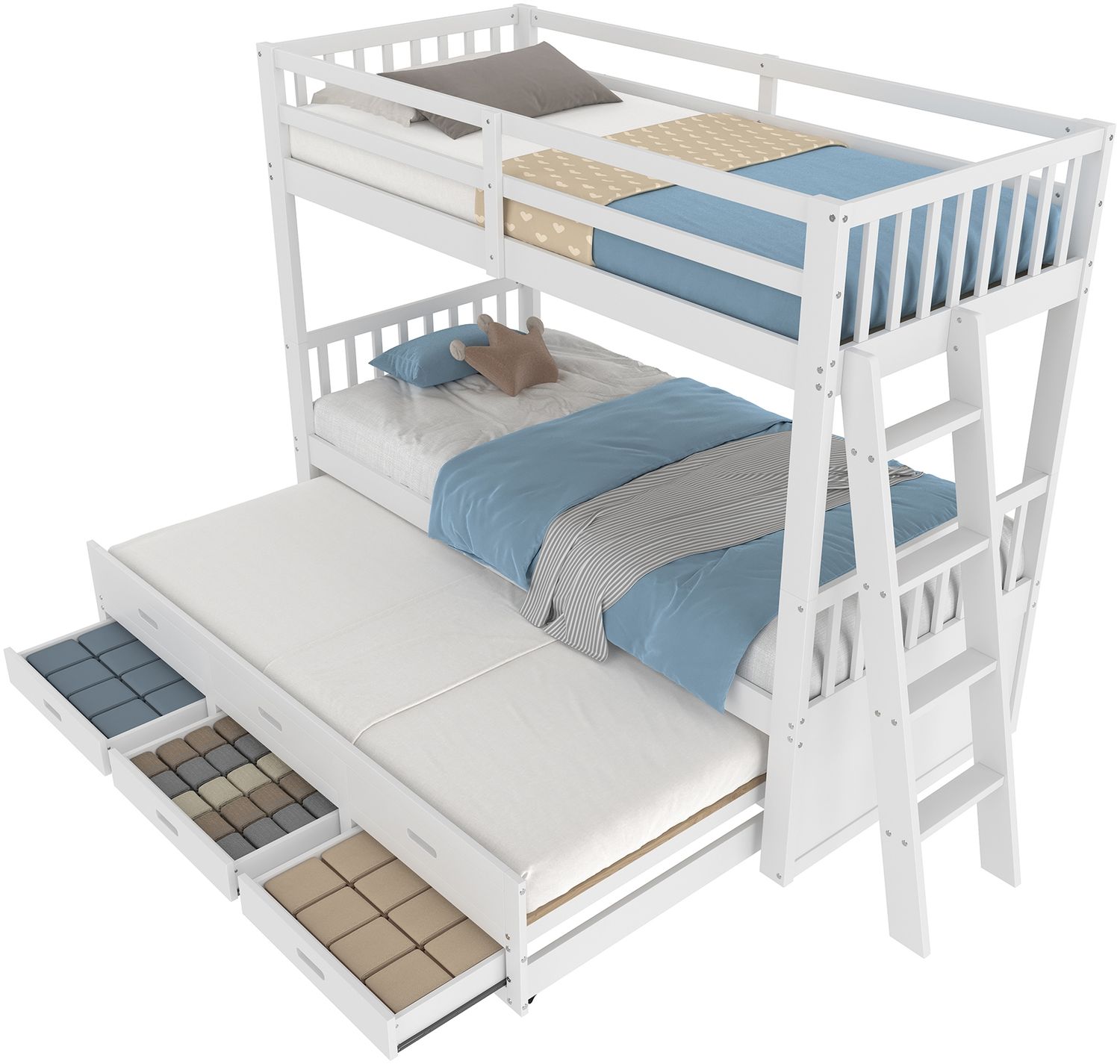 Massivholz Etagenbett 90x200cm Weiß Kinderbett für Jungen & Mädchen mit ausziehbarem Rollbett, 3 Staubschubladen, Sicherheitsleiter, ohne Matratze Bild 1
