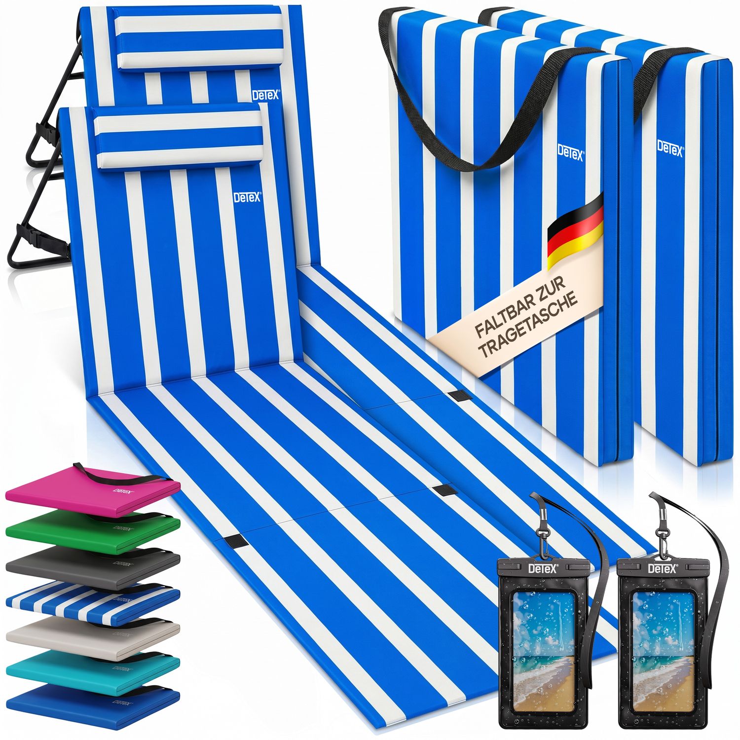 DETEX® Strandmatte 2er-Set Blau/Weiß 158 x 56 x 46 cm gepolstert Bild 1