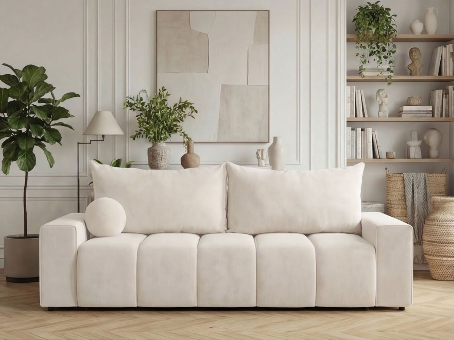 GRAINGOLD Schlafsofa Miro, mit Kissen, Couch 3-Sitzer, mit Wellenfeder und Bettkasten, Velour-Stoff, Creme Bild 1