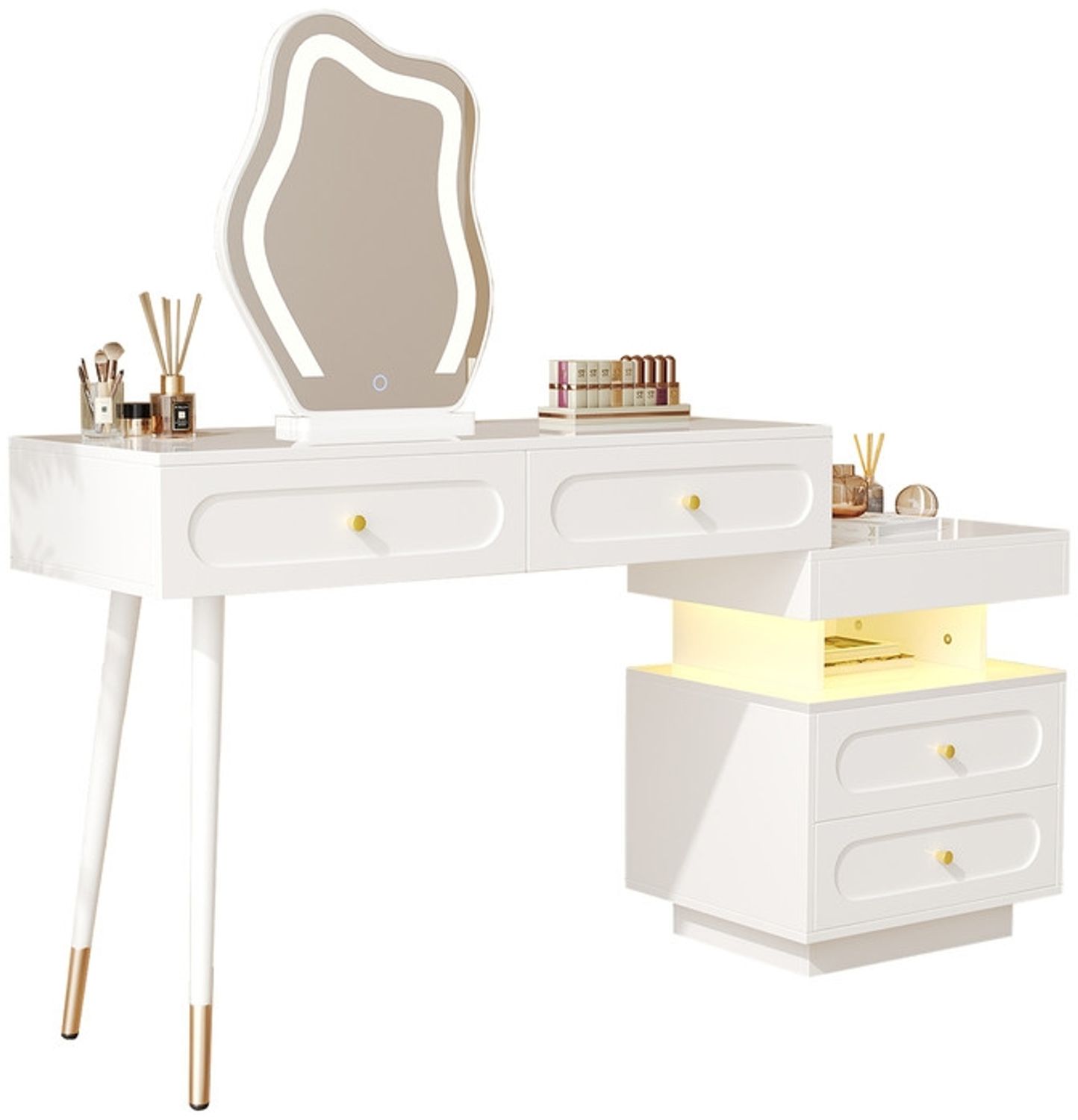 Schminktisch mit LED-Spiegel und Beleuchtung - Weißes Schminktisch-Set für Schlafzimmer mit 5 geräumigen Schubladen - Weiß, Maße: H 127 x T 40 x B 100 cm (ohne Hocker) Bild 1