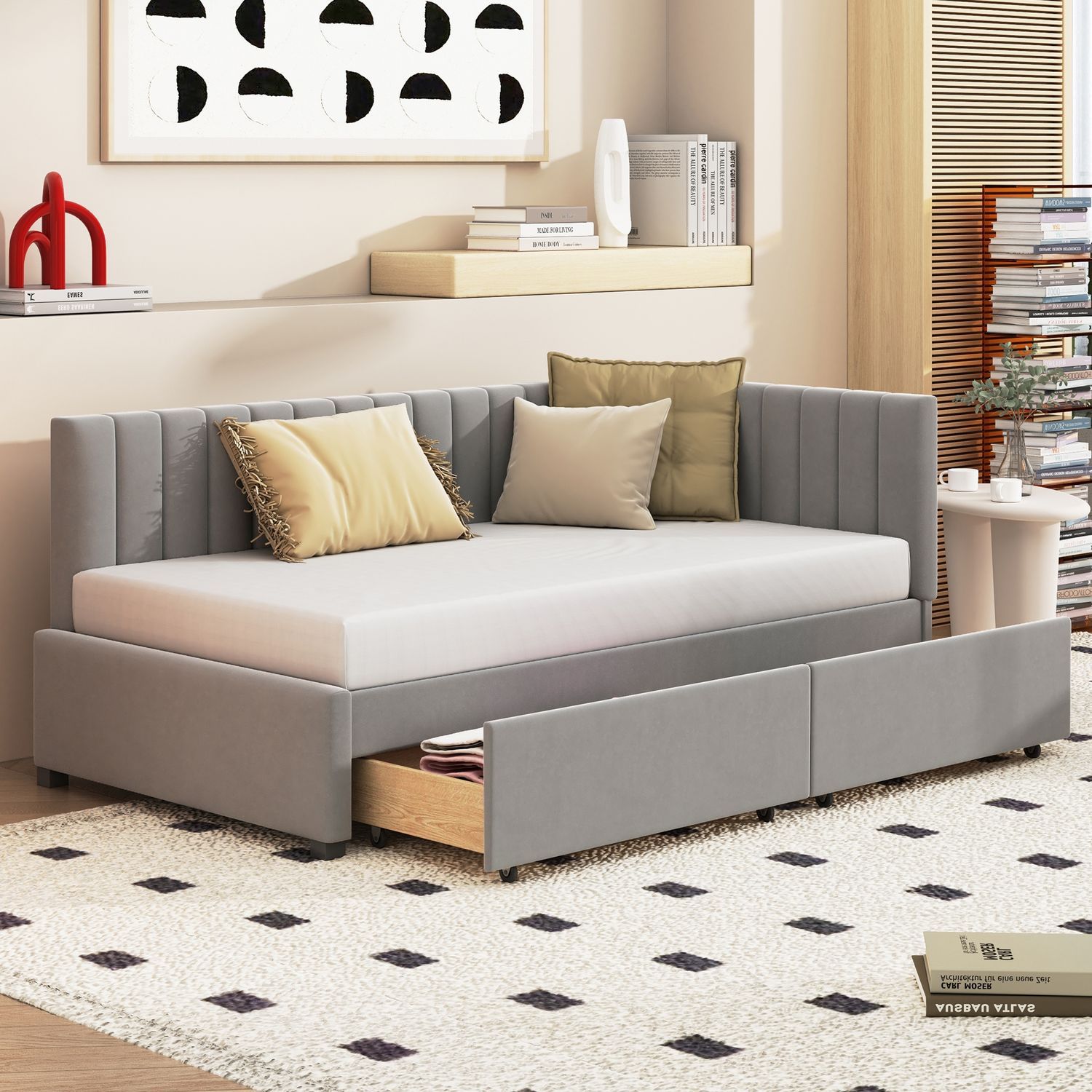 Polsterbett Schlafsofa 90*200 Multifunktionsbett mit 2 großen Stauraumschubladen und Lattenrost hautfreundlicher Samtstoff Grau Bild 1