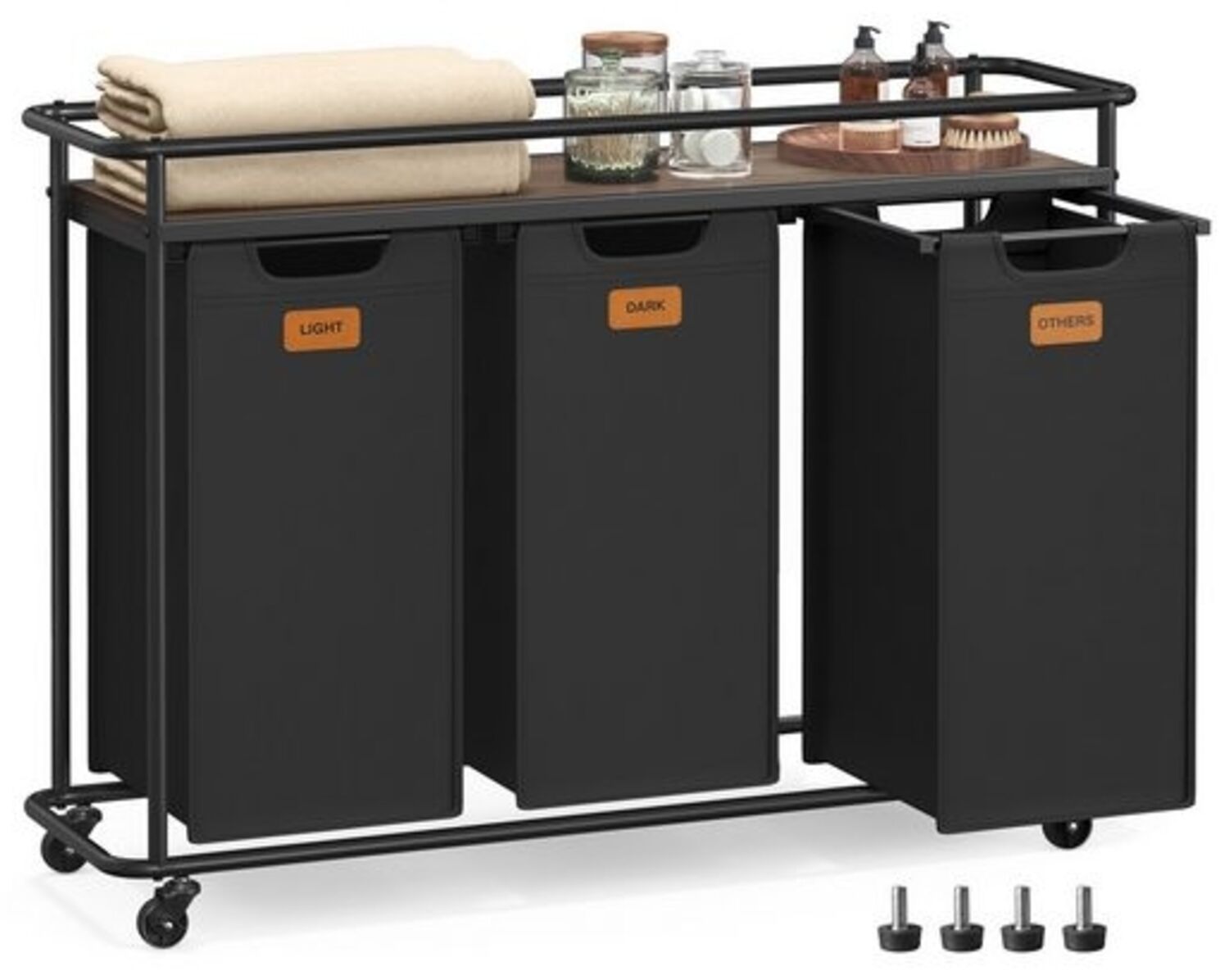 VASAGLE Wäschekorb mit 3 Fächern, Wäschesortierer mit Rädern, 150 L Wäschewagen mit Ablage, schwarz-braun Bild 1