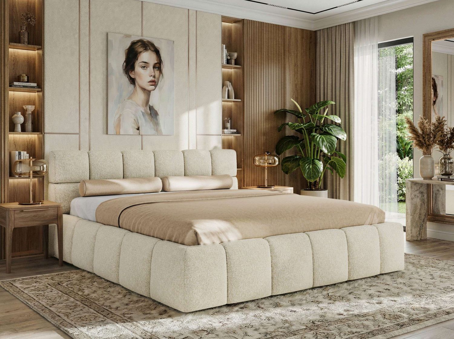 Doppelbett mit Gasdruckfeder, Polsterbett NIRA CLASSIC Holzlattenrost Bett mit Stauraum, gepolstertes Kopfteil Bettkasten - 180 x 200 cm - Creme Strukture Bild 1