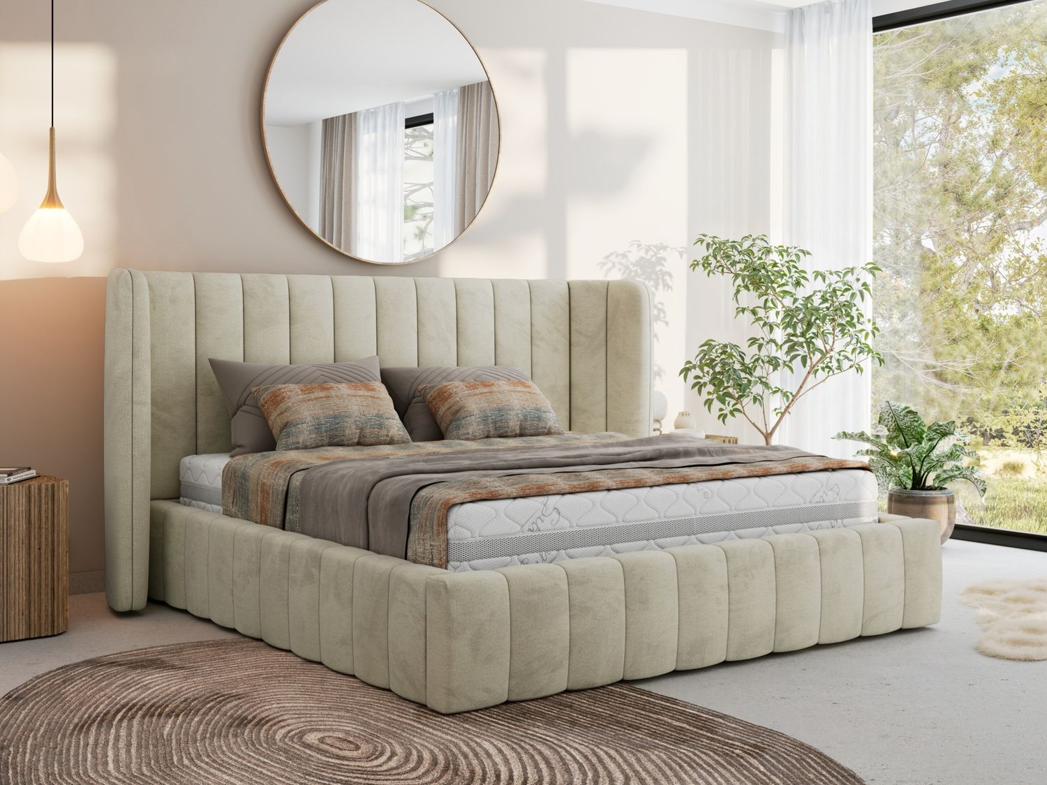 Polsterbett GOLETTA CLASSIC 200 x 200 cm mit gepolstertem Kopfteil, stabilem Bettrahmen, Lattenrost und Bettkasten mit Gasdruckfedern, Doppelbett, zeitloses Design Pocket Matratze - Beige Velvet - VIRE LUX Bild 1