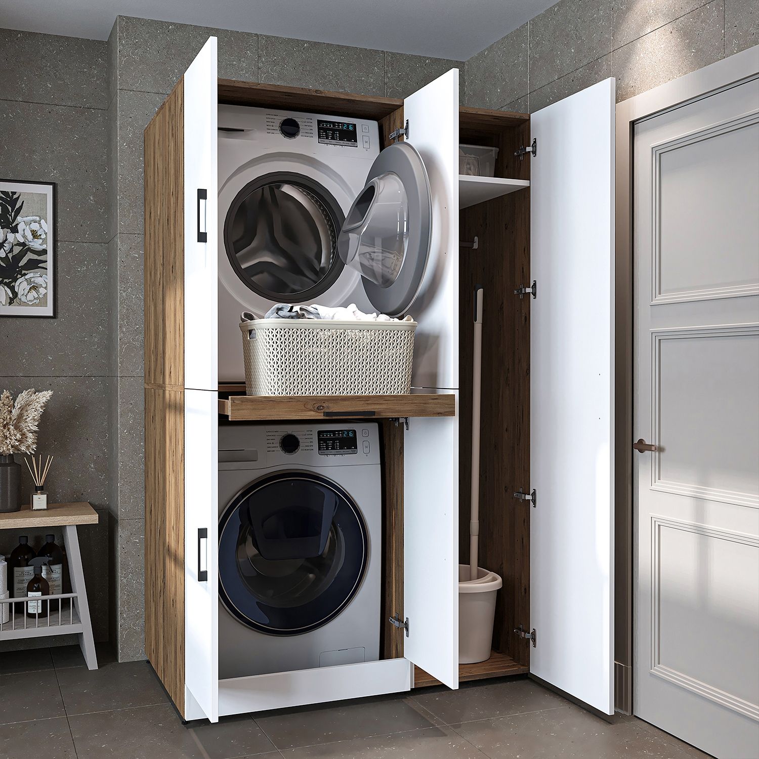 Roomart Waschmaschinenschrank - DORA-I- 115 cm breit - Wasch- & Trocknerschrank mit Türen & Ausziehbrett, Waschmaschinen-Überbau für Waschküche & Hauswirtschaftsraum • Weiß-Eiche Bild 1