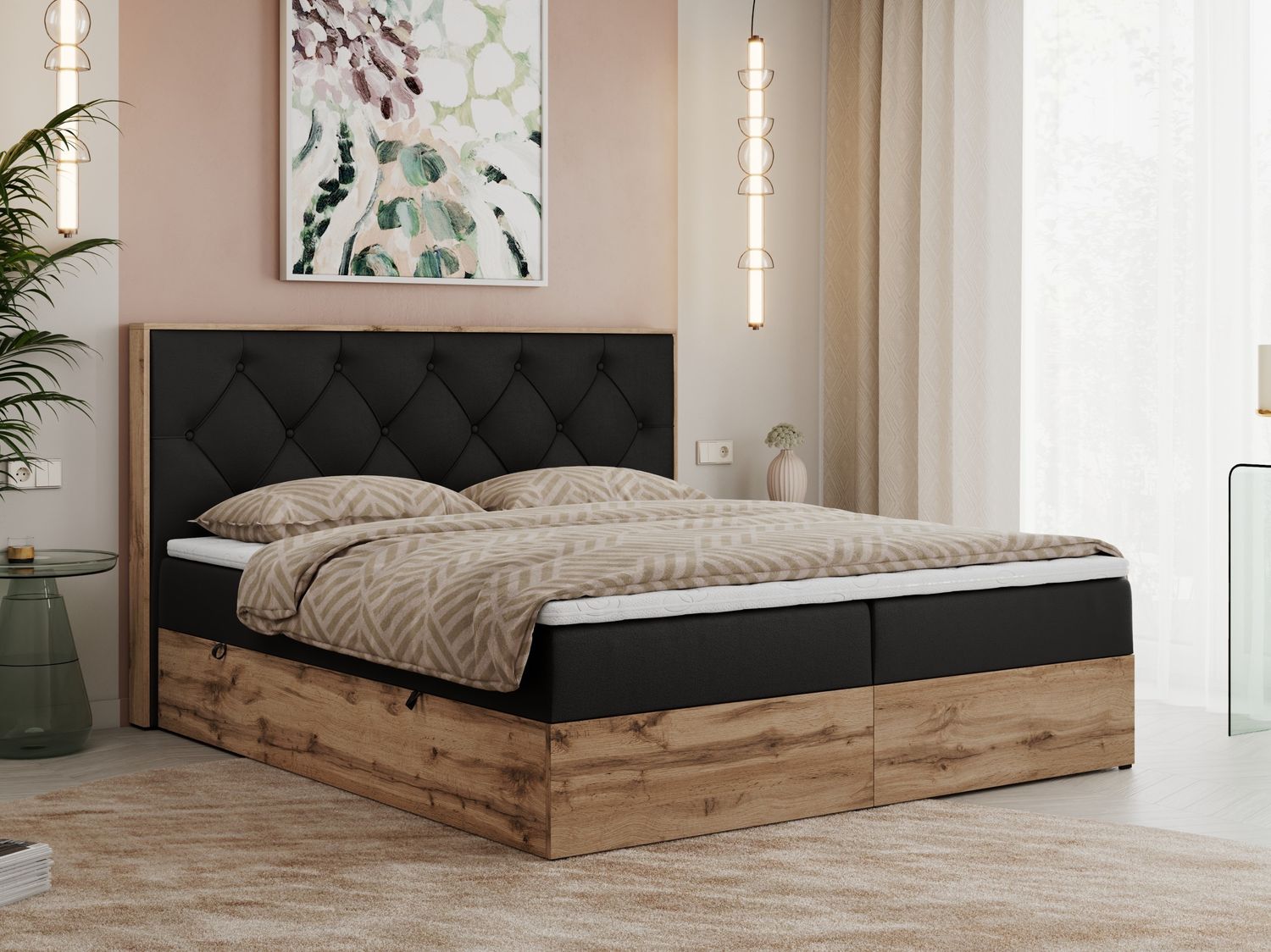 Boxspringbett, Schlafzimmerbett, Bettkasten - VENETO - 160 x 200 cm - Schwarz Kunstleder - H3 Bild 1