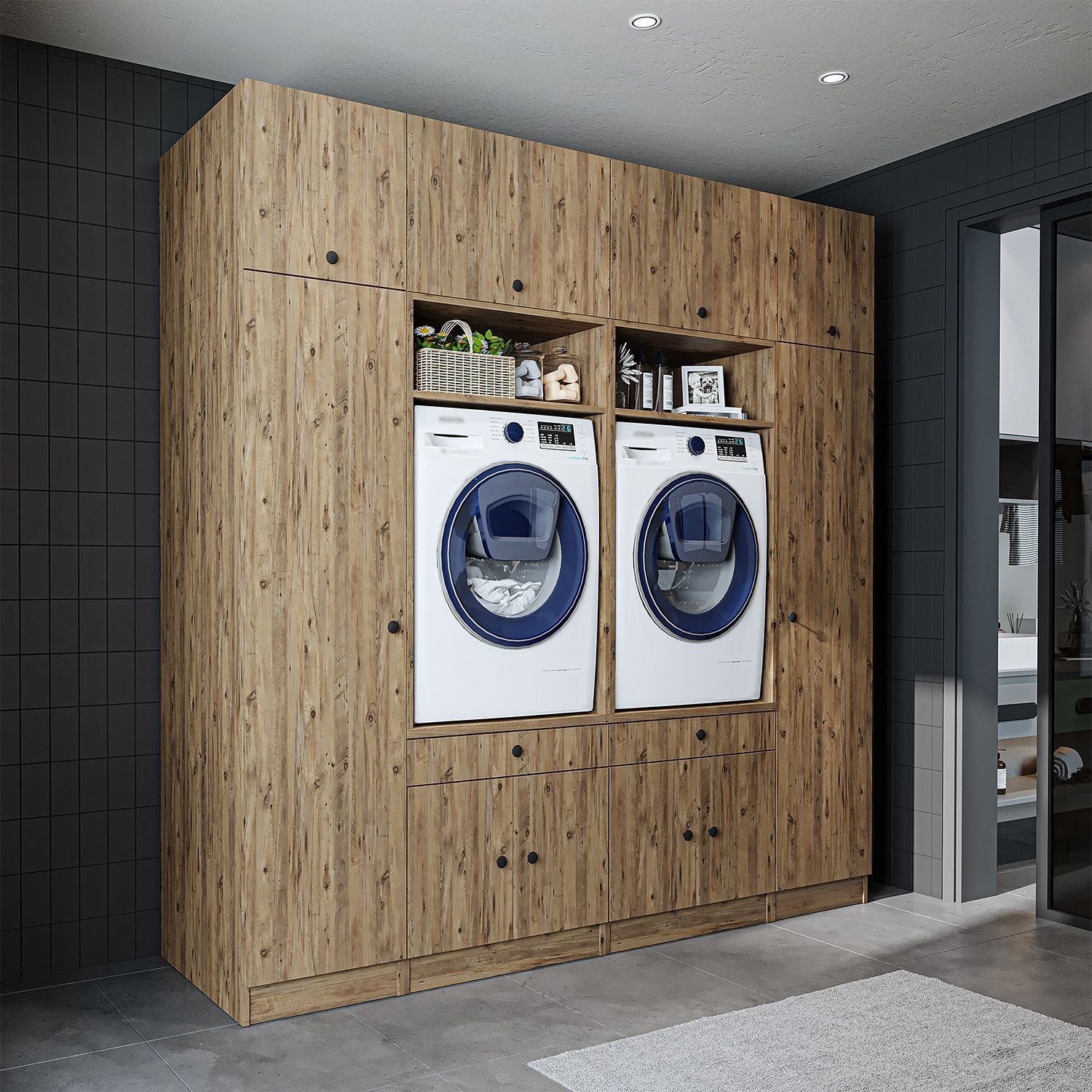Roomart Waschmaschinenumbauschrank & Schrankwand für Waschküche - SERIE 1 - | 224 cm breit | Waschmaschine & Trockner | Mit Ausziehbrett | Hauswirtschaftsraum Möbel • Eiche Bild 1